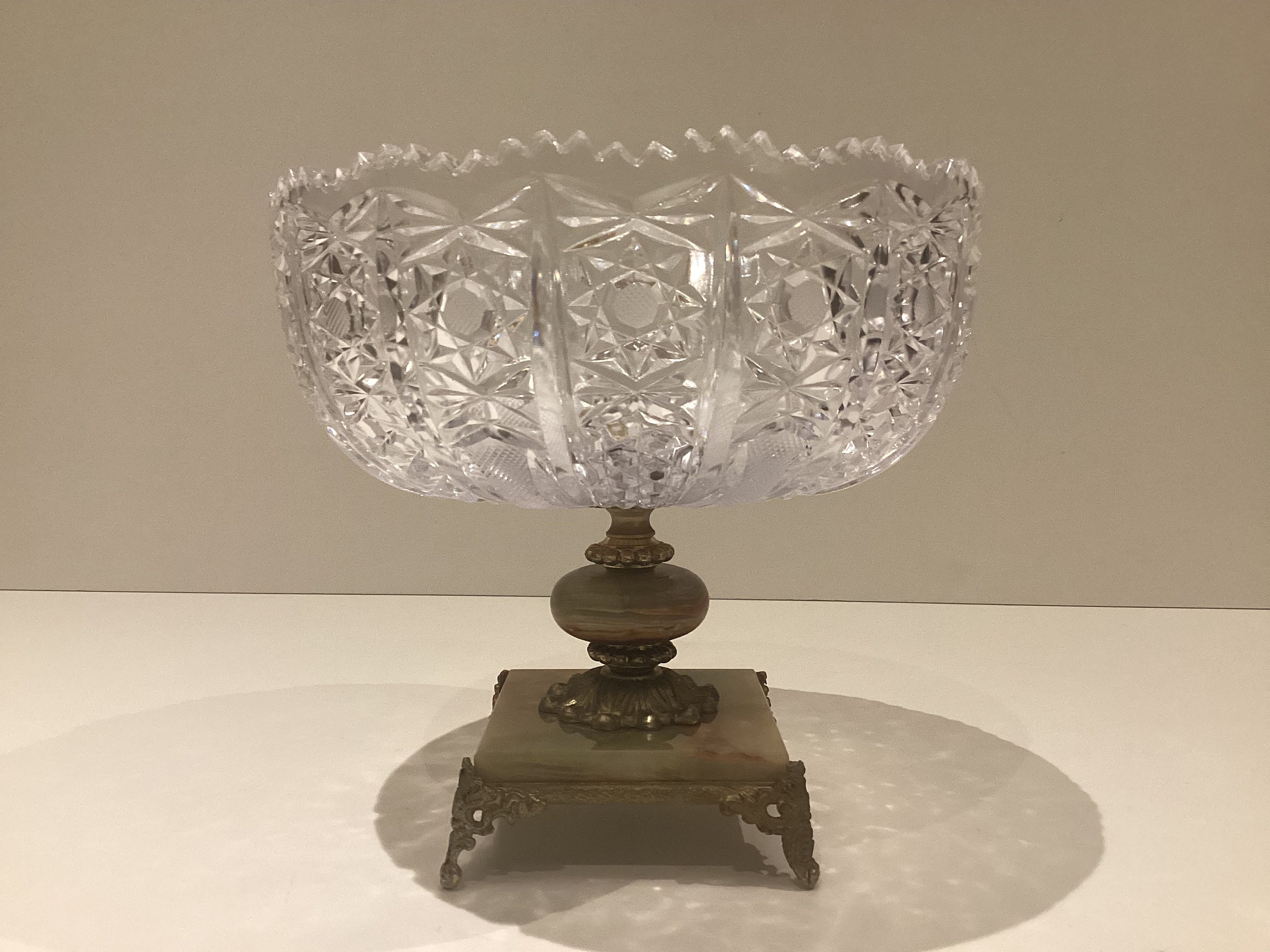 Vintage Centerpiece | 1950s Italian Crystal Fruit Bowl, Onyx and Brass Base — photo 3 of 8