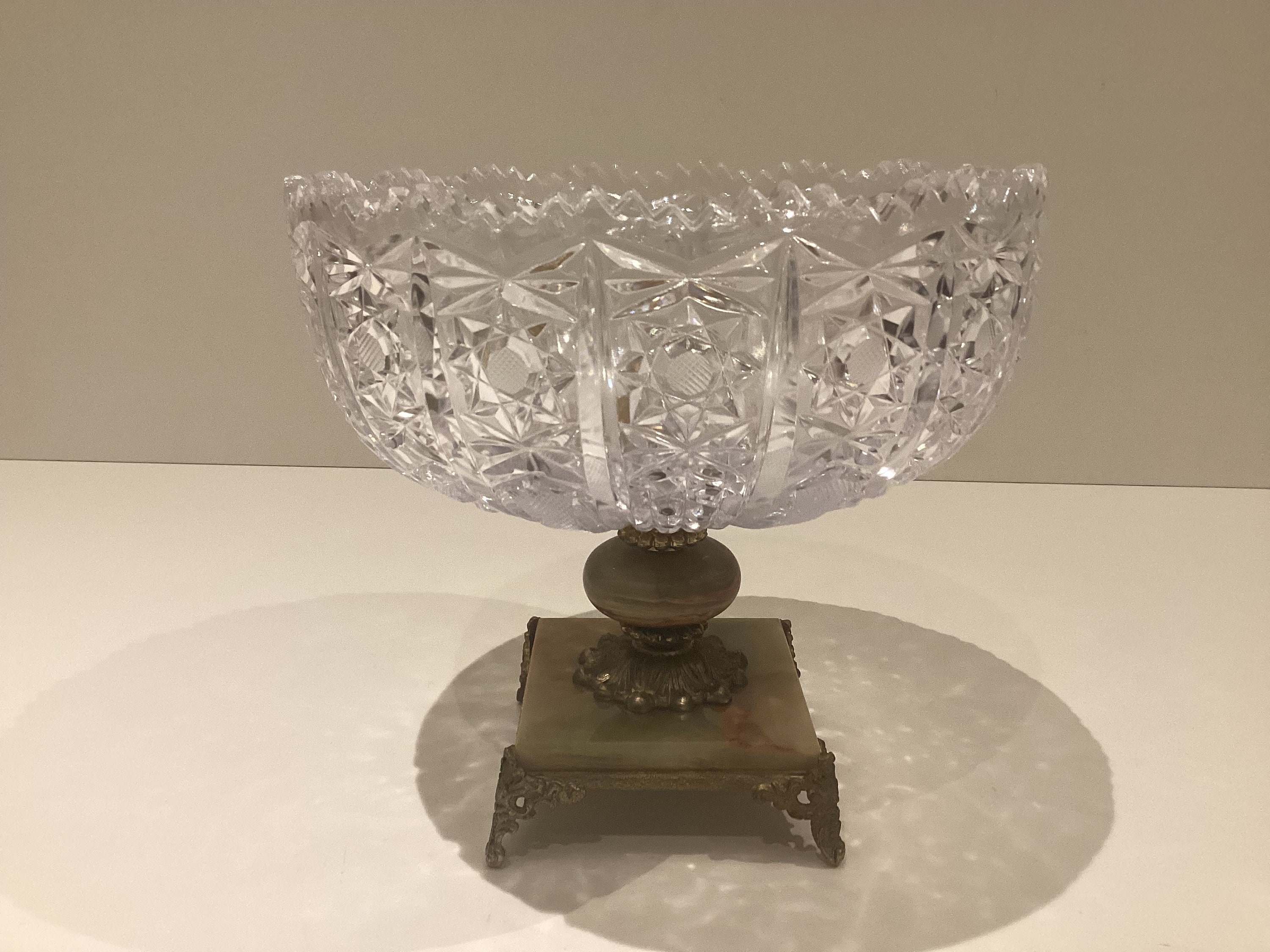 Vintage Centerpiece | 1950s Italian Crystal Fruit Bowl, Onyx and Brass Base — photo 4 of 8