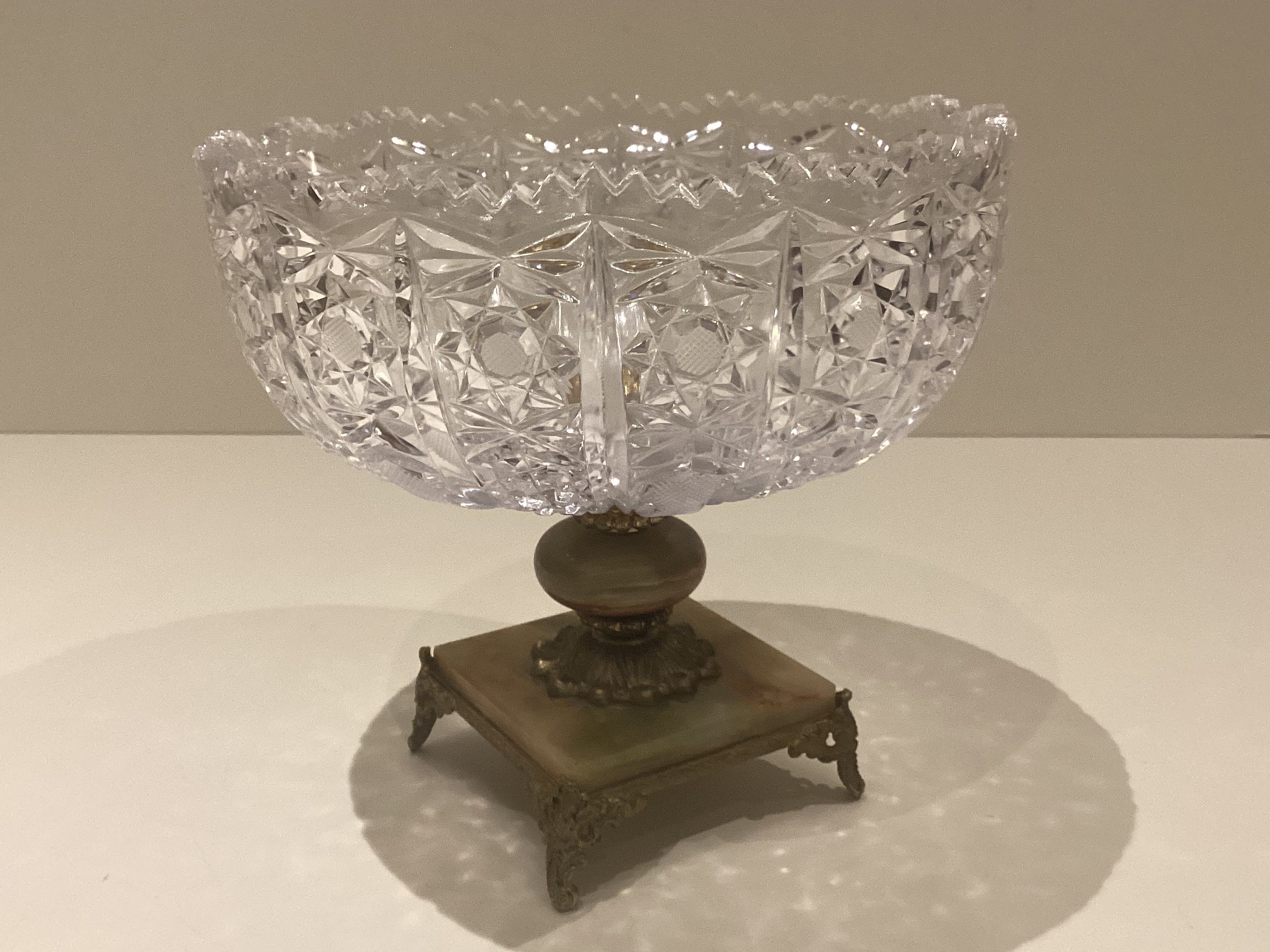 Vintage Centerpiece | 1950s Italian Crystal Fruit Bowl, Onyx and Brass Base — photo 6 of 8