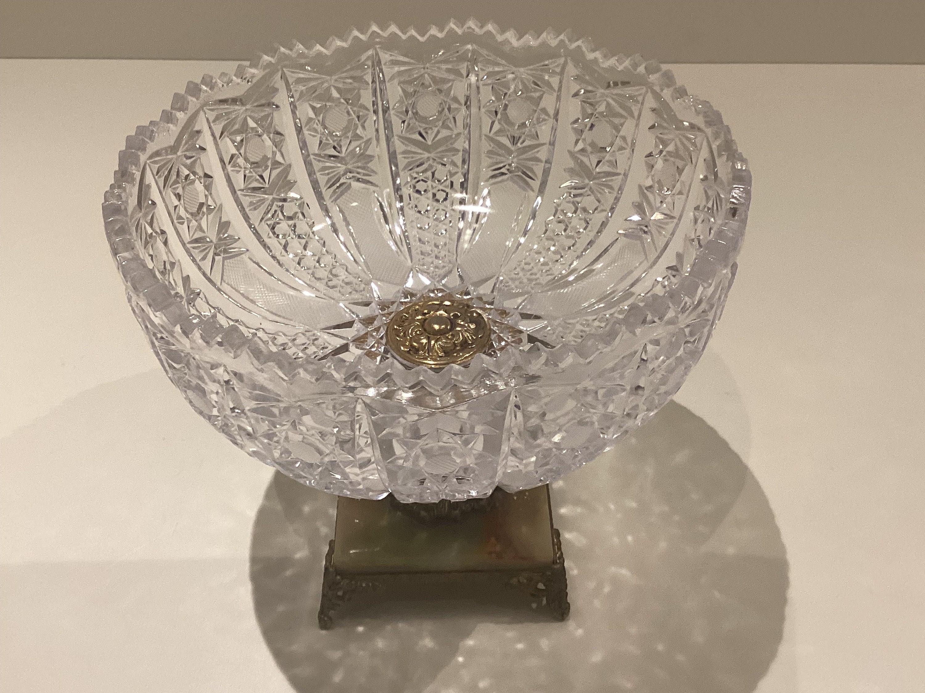 Vintage Centerpiece | 1950s Italian Crystal Fruit Bowl, Onyx and Brass Base — photo 7 of 8