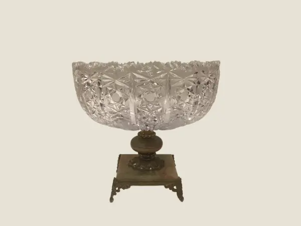 Vintage Centerpiece | 1950s Italian Crystal Fruit Bowl, Onyx and Brass Base