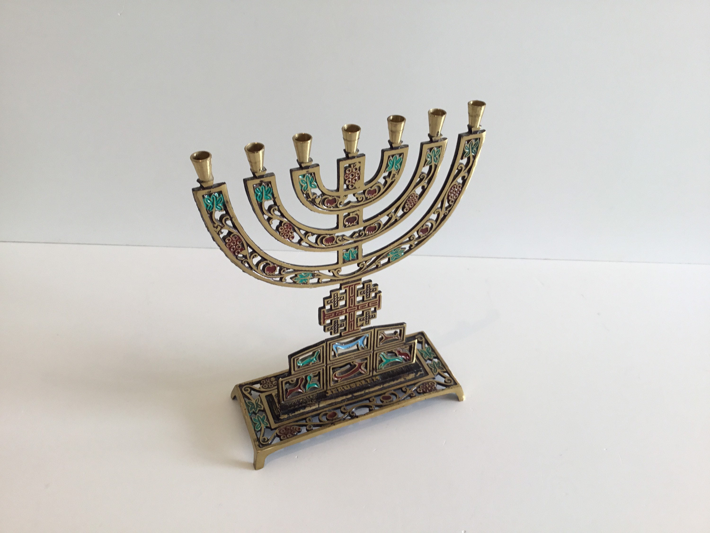 Vintage Menorah | 1960s Israeli Jerusalem Enamel Art, Hand Decorated Candelabra Judaica — photo 2 of 10