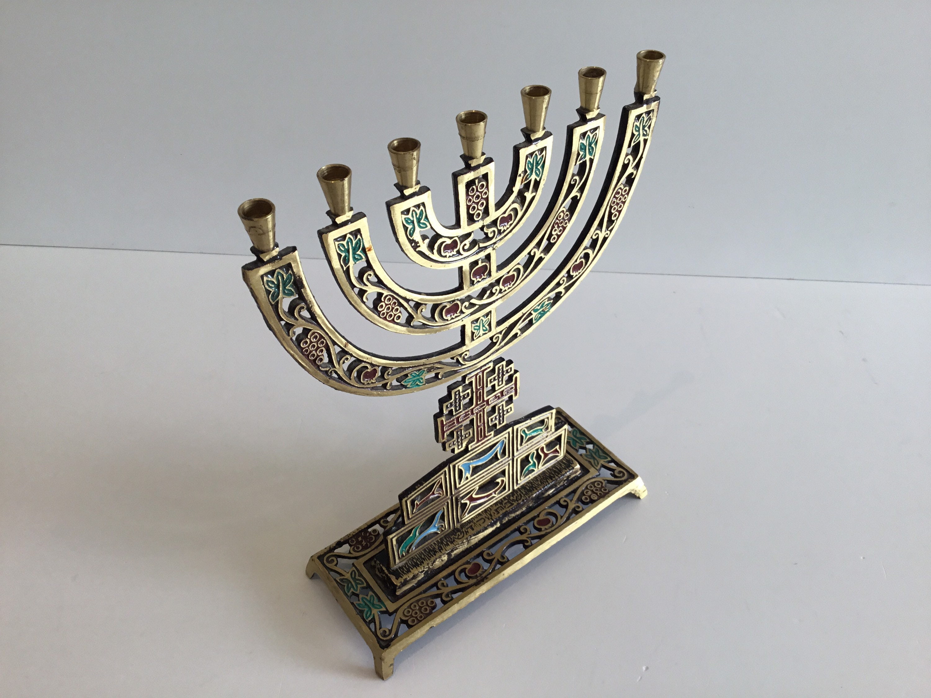 Vintage Menorah | 1960s Israeli Jerusalem Enamel Art, Hand Decorated Candelabra Judaica — photo 3 of 10