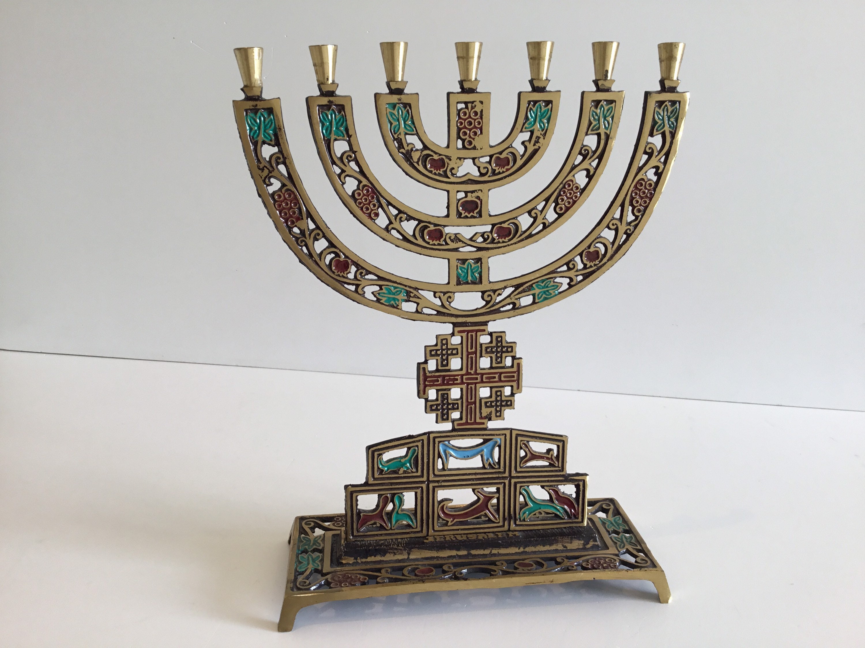 Vintage Menorah | 1960s Israeli Jerusalem Enamel Art, Hand Decorated Candelabra Judaica — photo 4 of 10