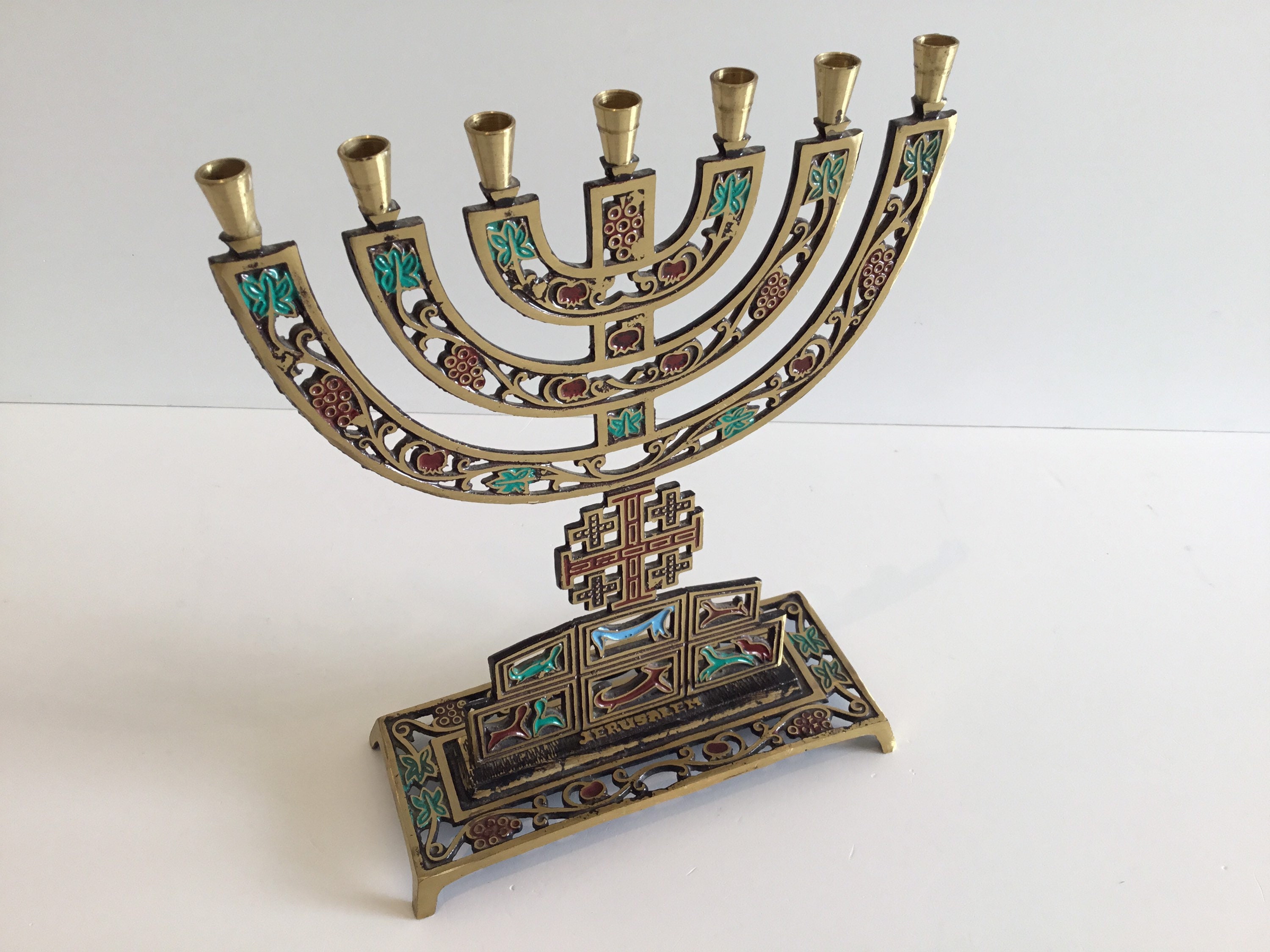 Vintage Menorah | 1960s Israeli Jerusalem Enamel Art, Hand Decorated Candelabra Judaica — photo 5 of 10