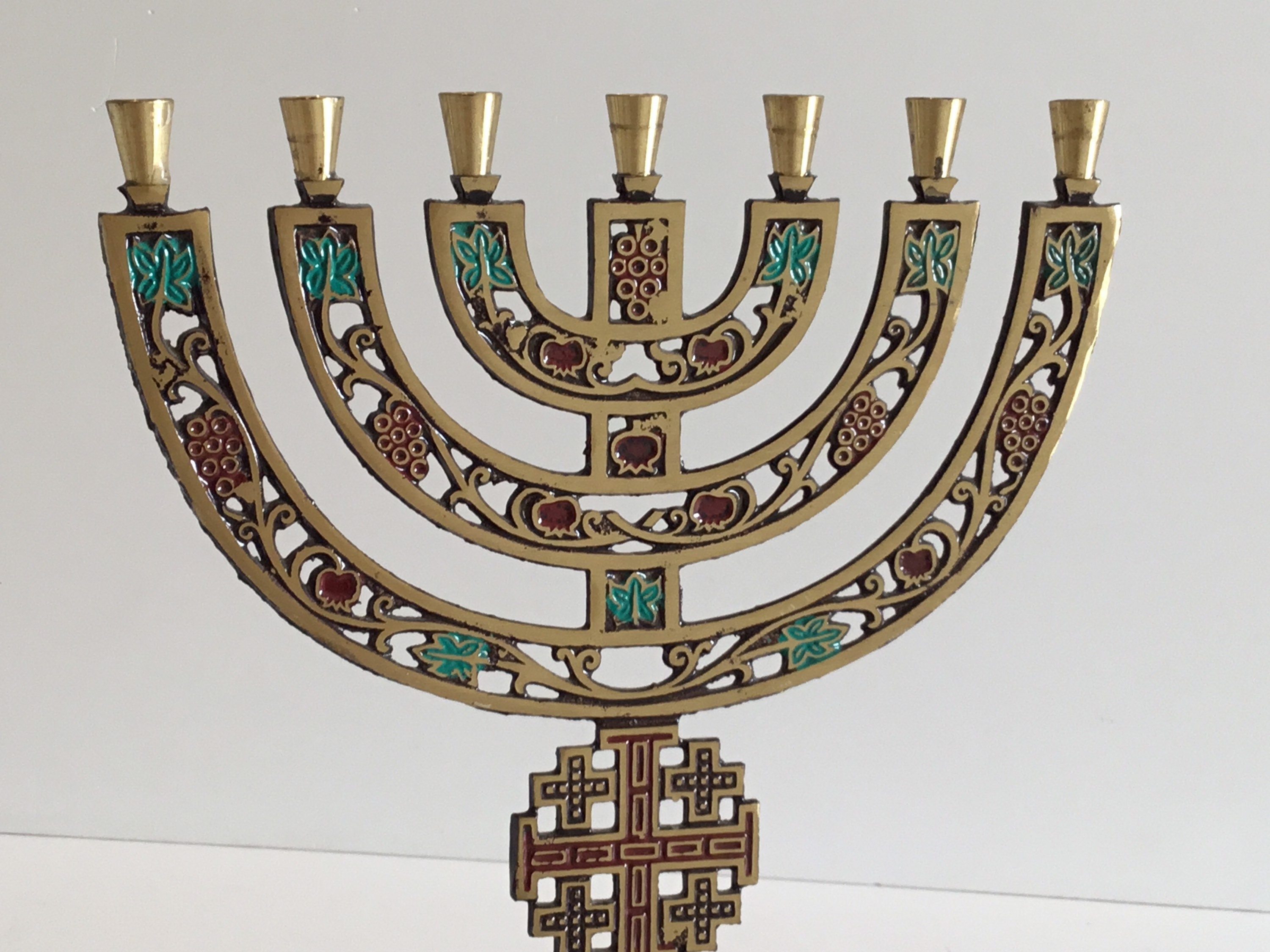 Vintage Menorah | 1960s Israeli Jerusalem Enamel Art, Hand Decorated Candelabra Judaica — photo 6 of 10
