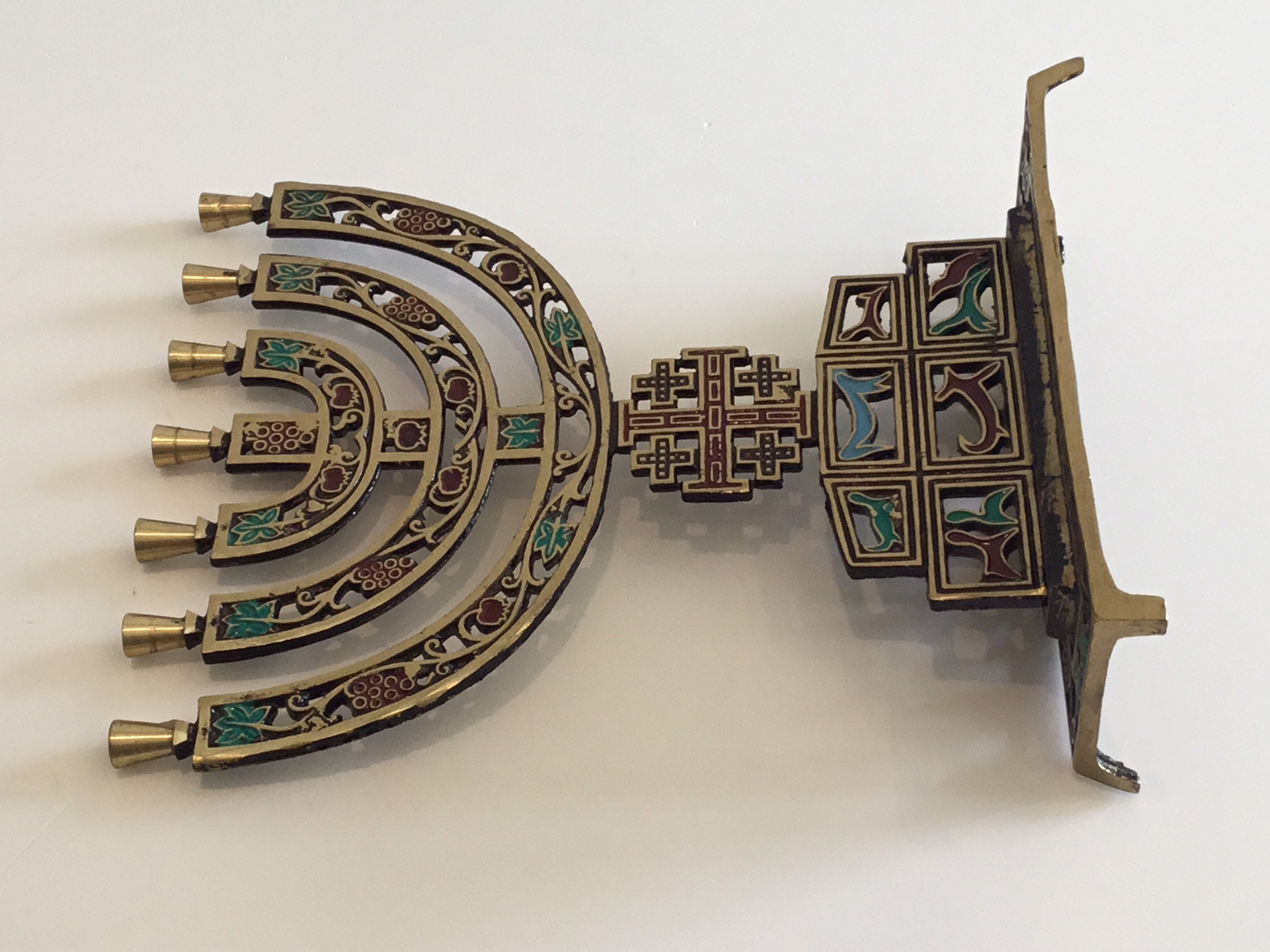 Vintage Menorah | 1960s Israeli Jerusalem Enamel Art, Hand Decorated Candelabra Judaica — photo 8 of 10