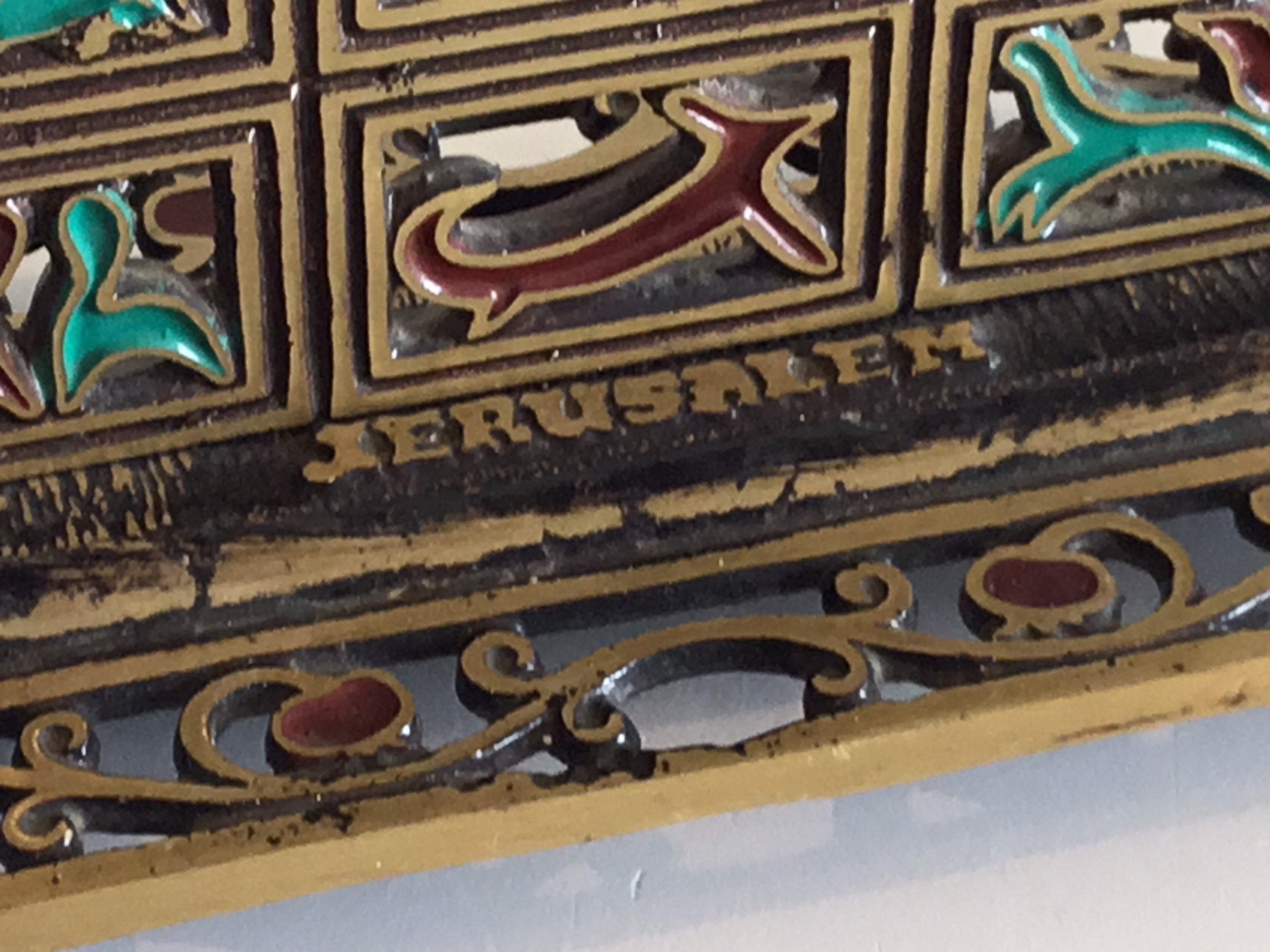 Vintage Menorah | 1960s Israeli Jerusalem Enamel Art, Hand Decorated Candelabra Judaica — photo 9 of 10