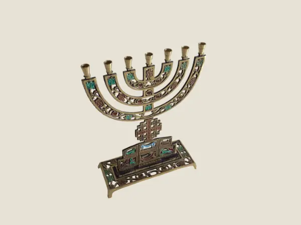 Vintage Menorah | 1960s Israeli Jerusalem Enamel Art, Hand Decorated Candelabra Judaica