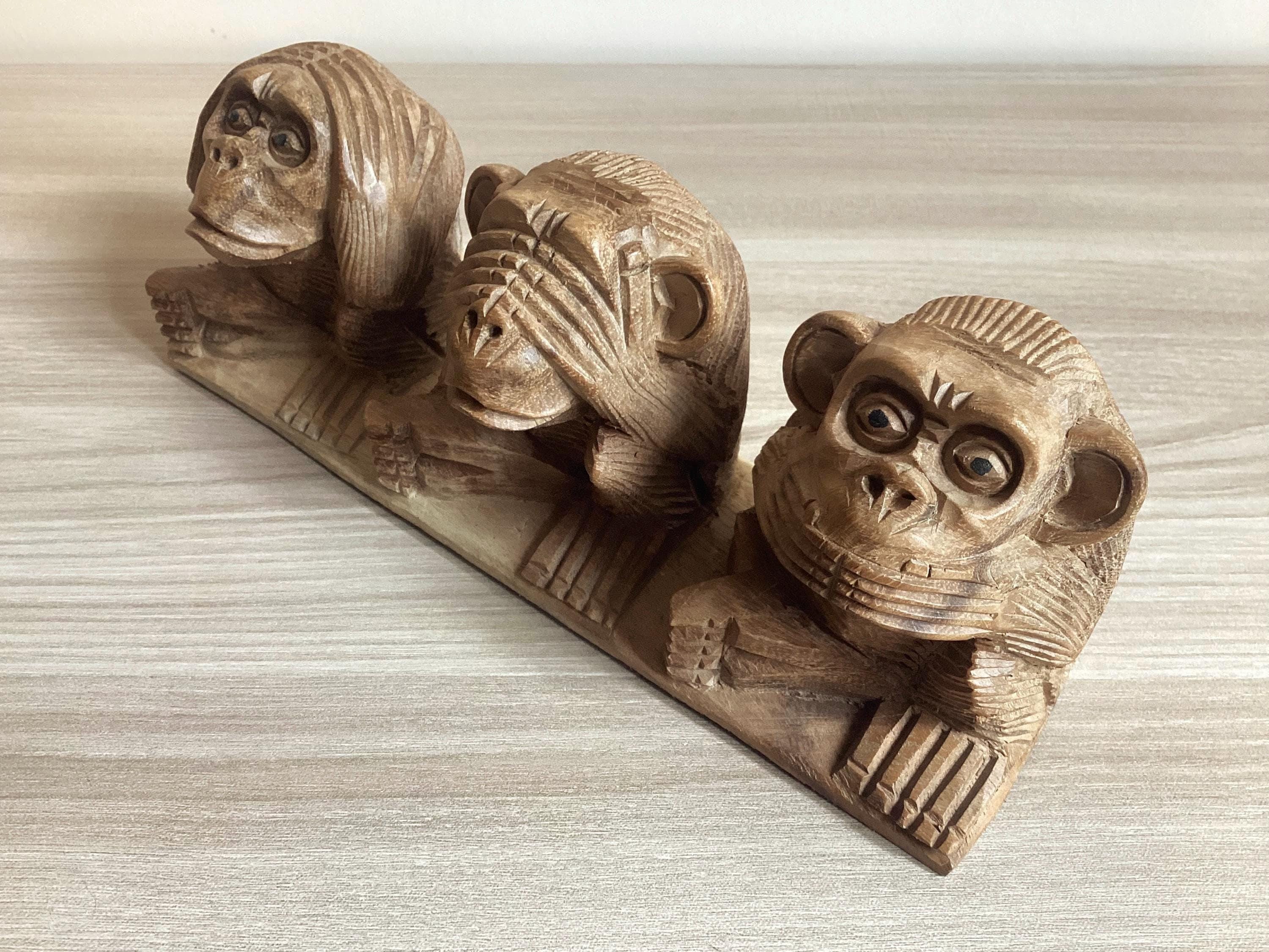 Vintage Wood Sculpture | 1970s Three Wise Monkeys, Hand-Carved Solid Wood Art — photo 2 of 6