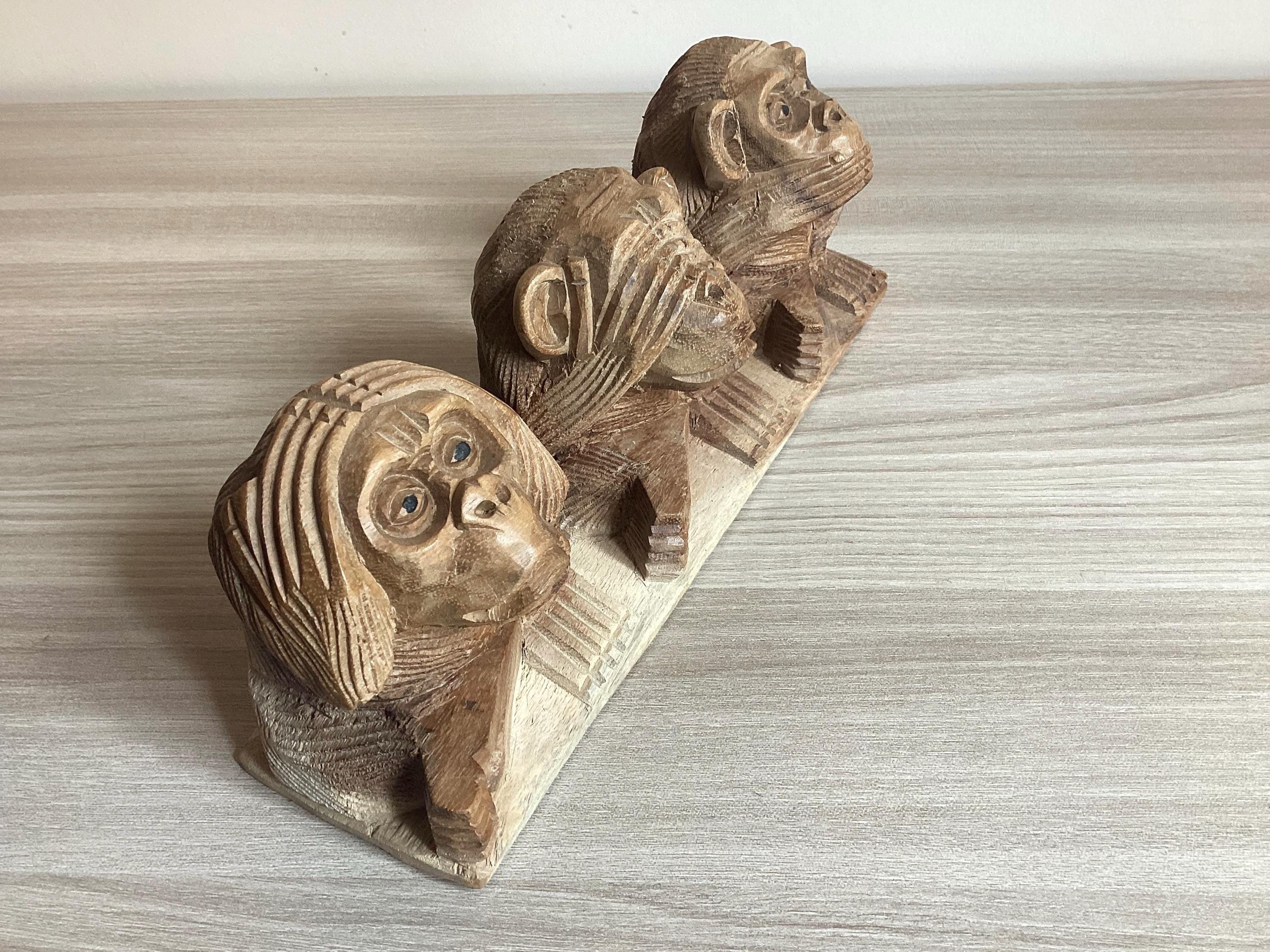 Vintage Wood Sculpture | 1970s Three Wise Monkeys, Hand-Carved Solid Wood Art — photo 3 of 6