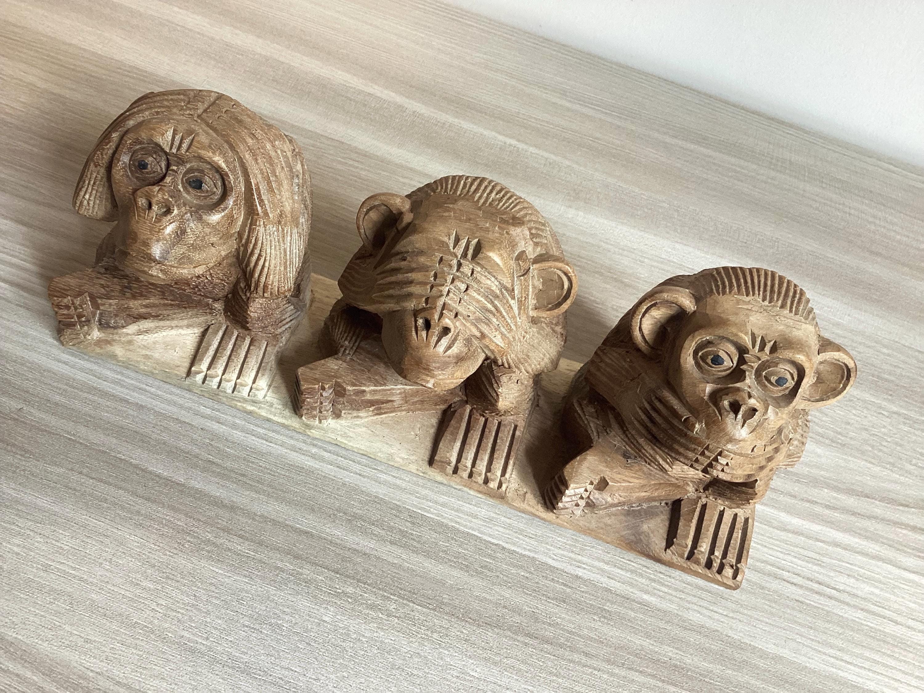Vintage Wood Sculpture | 1970s Three Wise Monkeys, Hand-Carved Solid Wood Art — photo 4 of 6