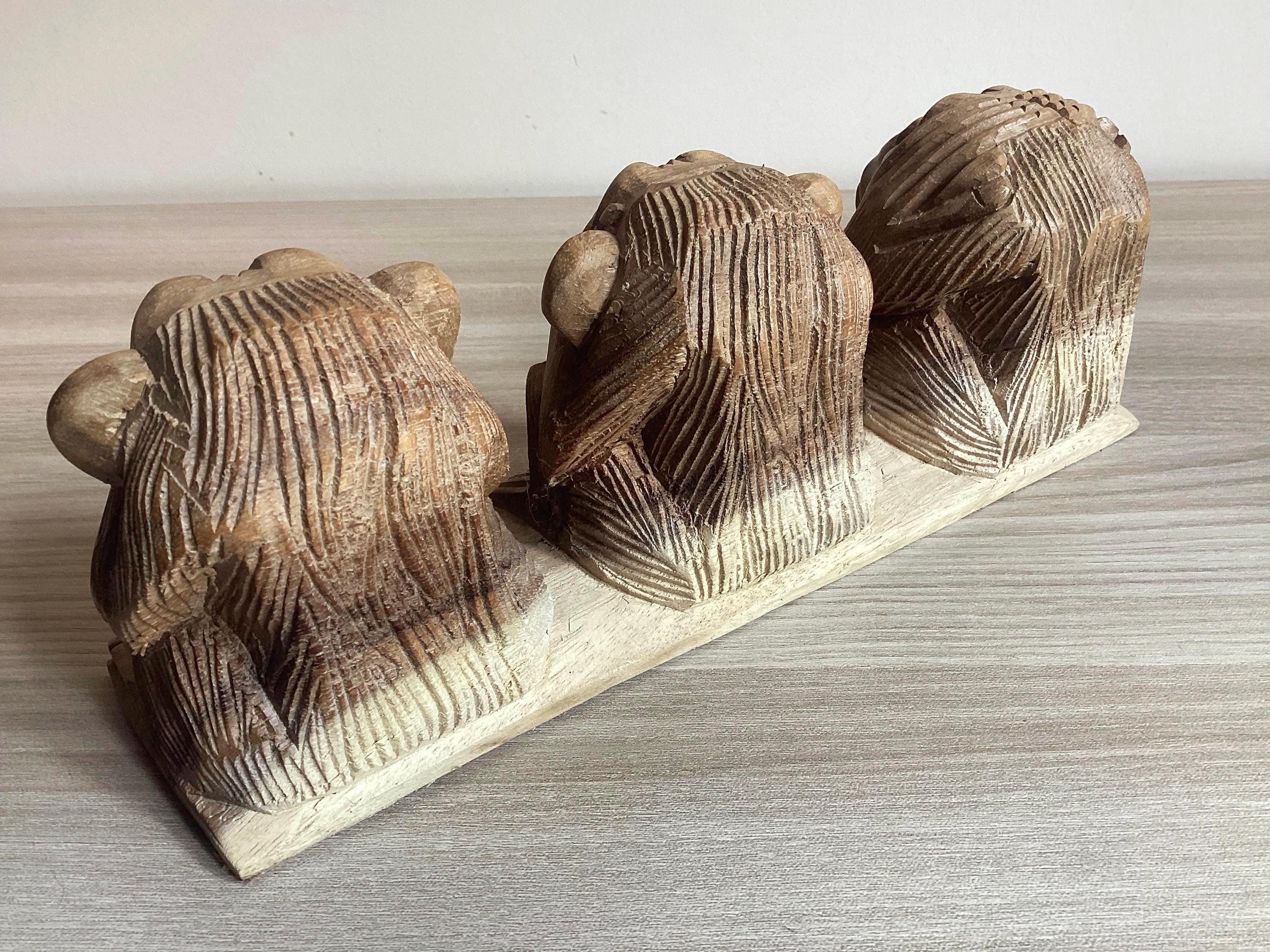 Vintage Wood Sculpture | 1970s Three Wise Monkeys, Hand-Carved Solid Wood Art — photo 5 of 6