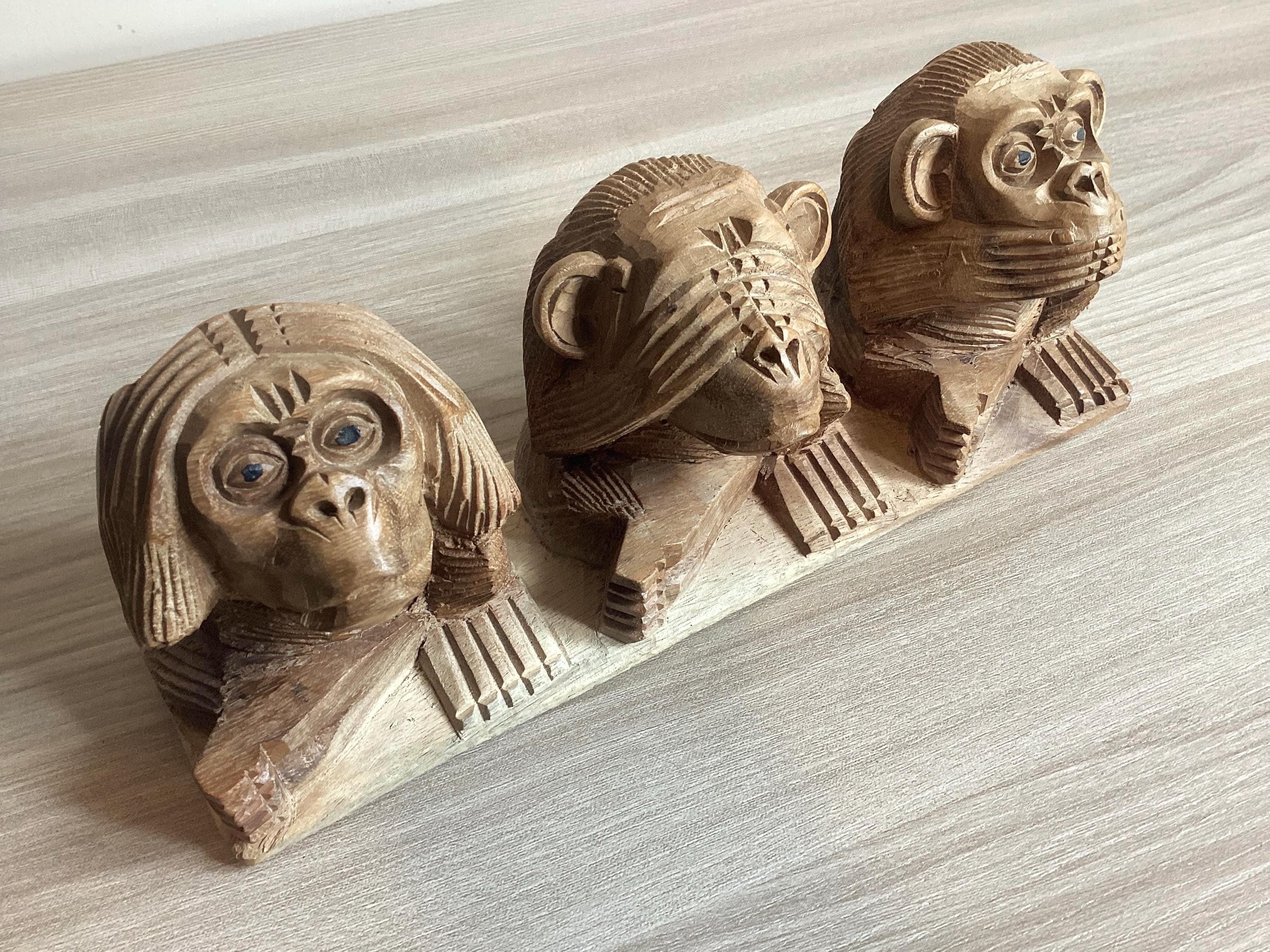 Vintage Wood Sculpture | 1970s Three Wise Monkeys, Hand-Carved Solid Wood Art — photo 6 of 6