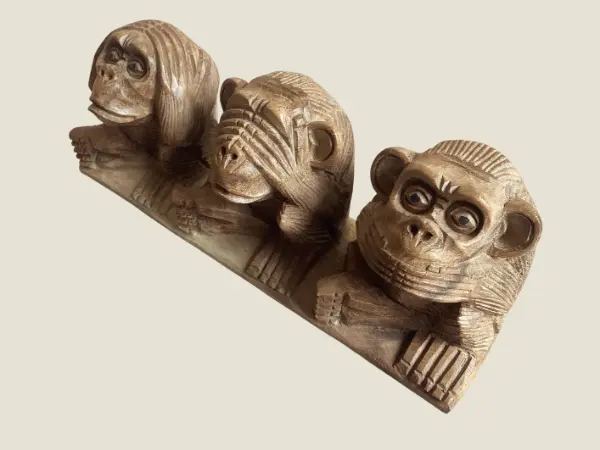 Vintage Wood Sculpture | 1970s Three Wise Monkeys, Hand-Carved Solid Wood Art