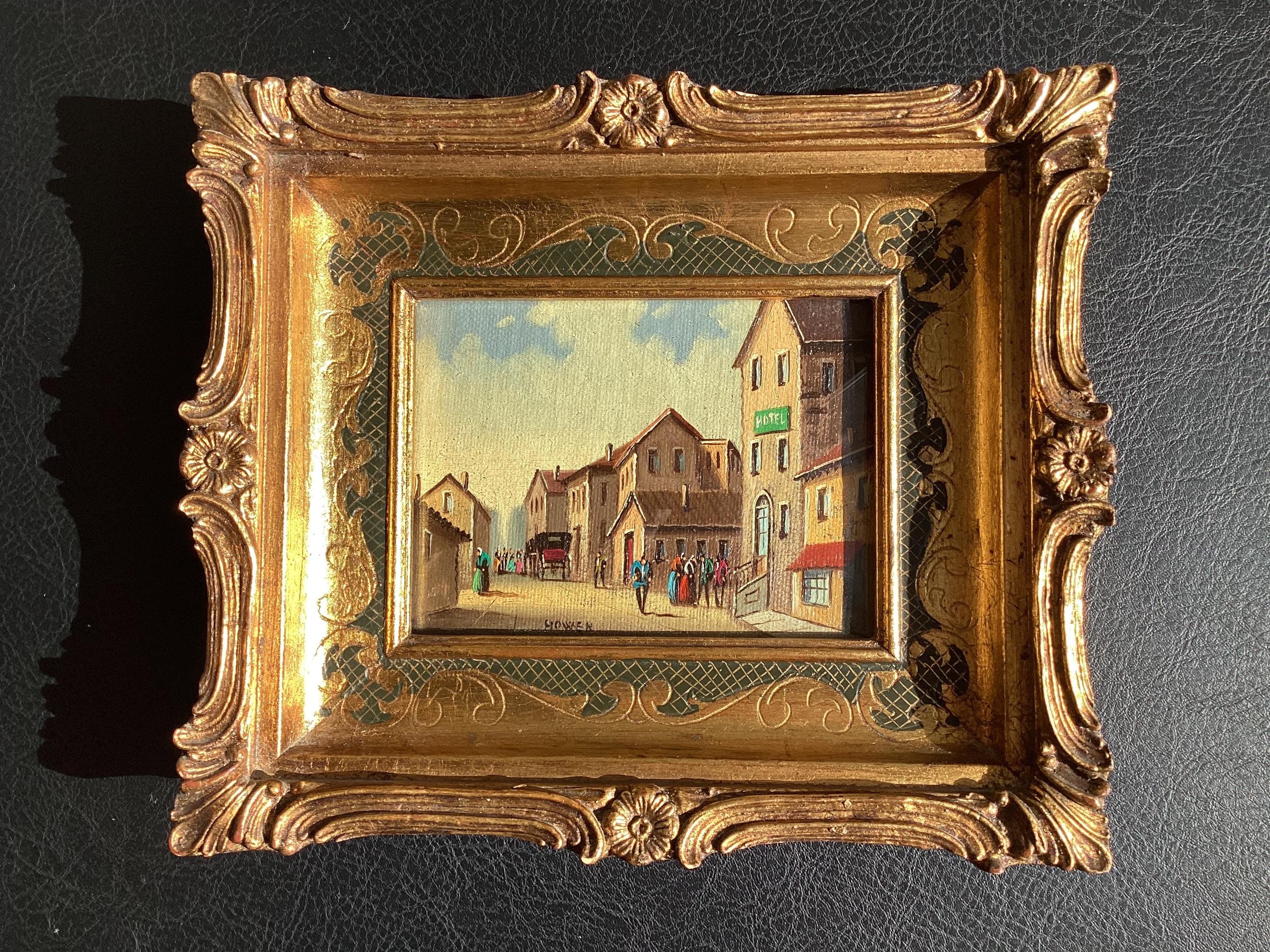 Vintage Painting Miniature Oil Street Scene 1800s Signed Howen Gold Frame — photo 2 of 11