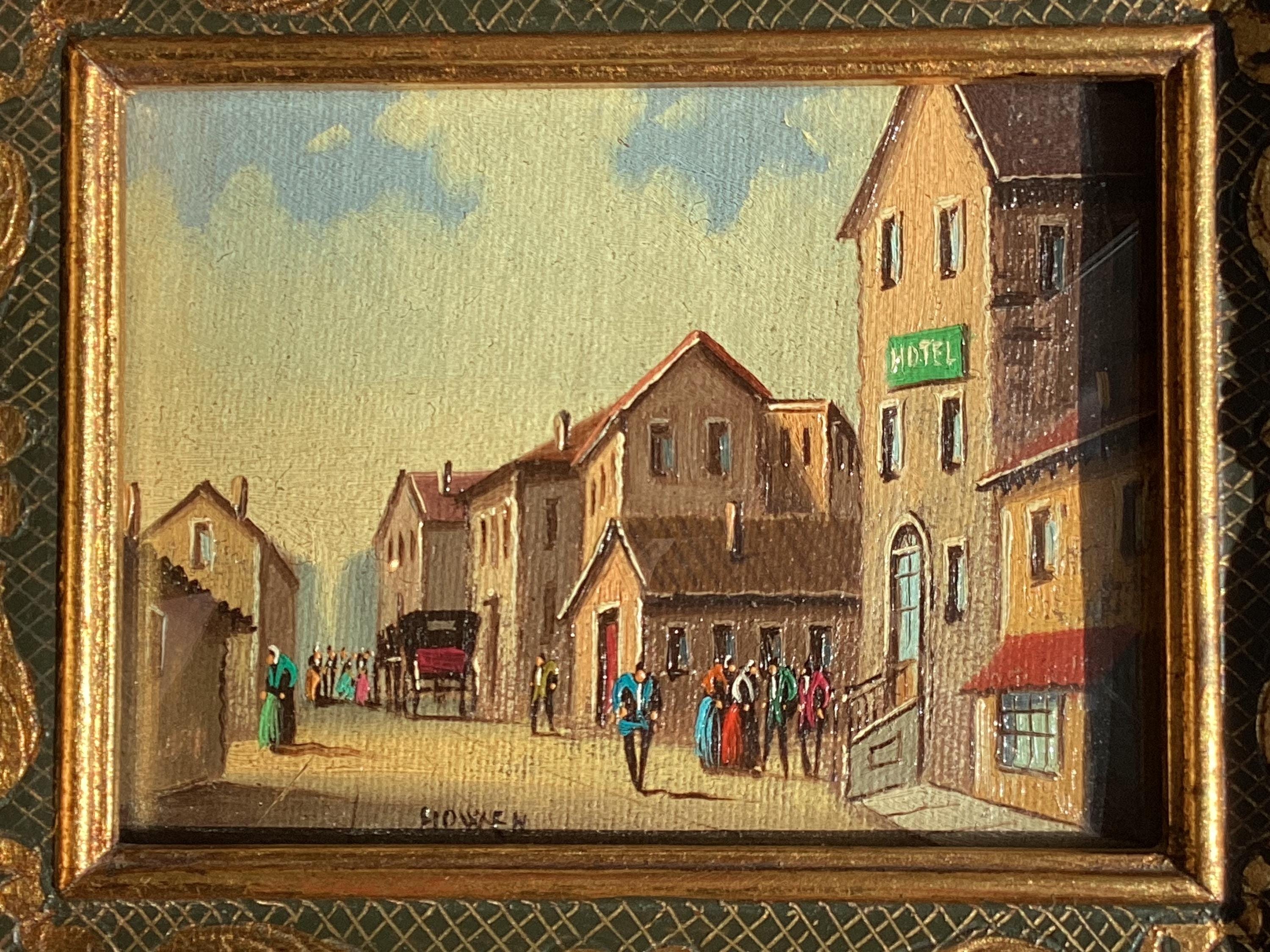 Vintage Painting Miniature Oil Street Scene 1800s Signed Howen Gold Frame — photo 11 of 11