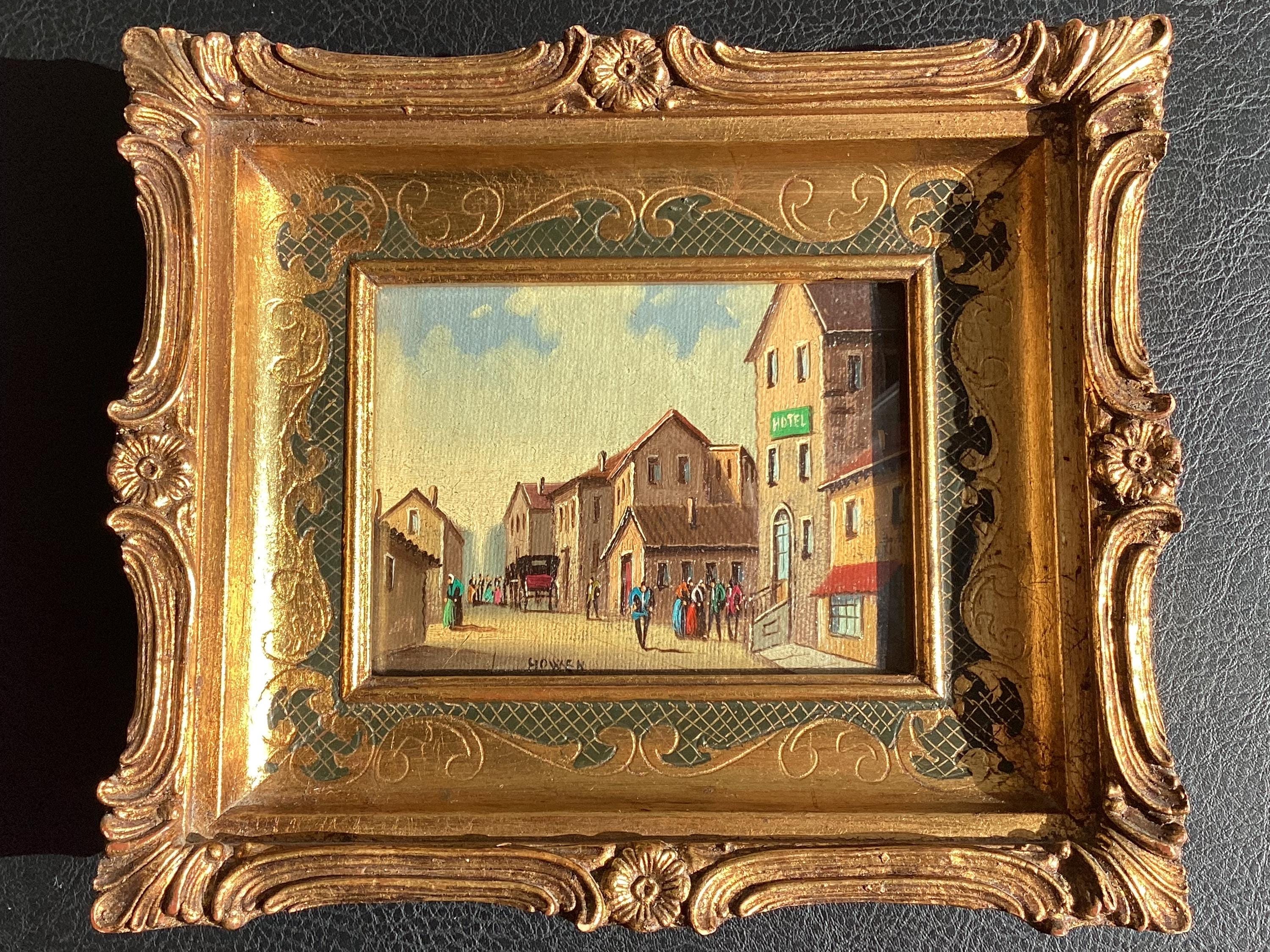 Vintage Painting Miniature Oil Street Scene 1800s Signed Howen Gold Frame — photo 3 of 11