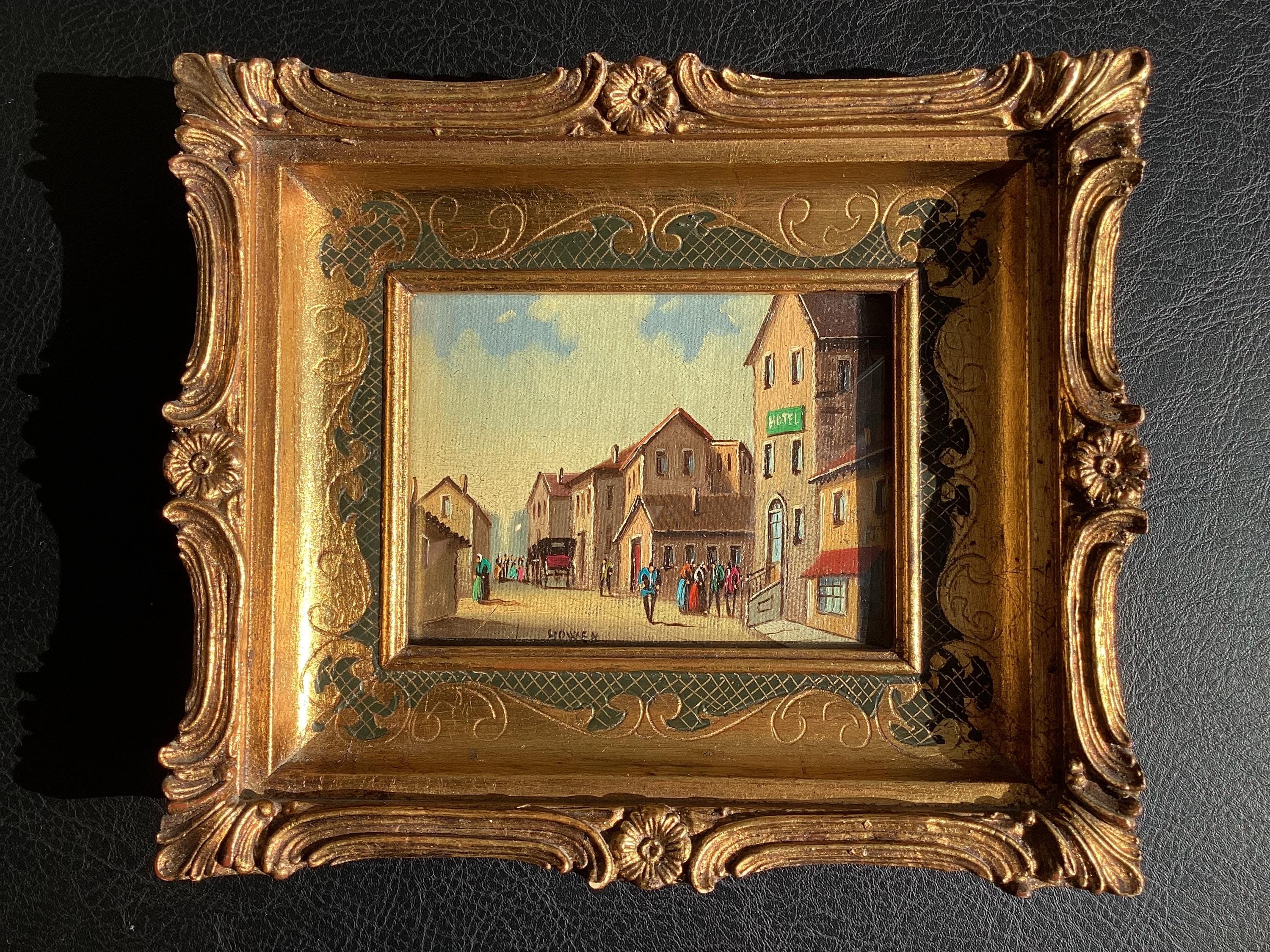 Vintage Painting Miniature Oil Street Scene 1800s Signed Howen Gold Frame — photo 4 of 11