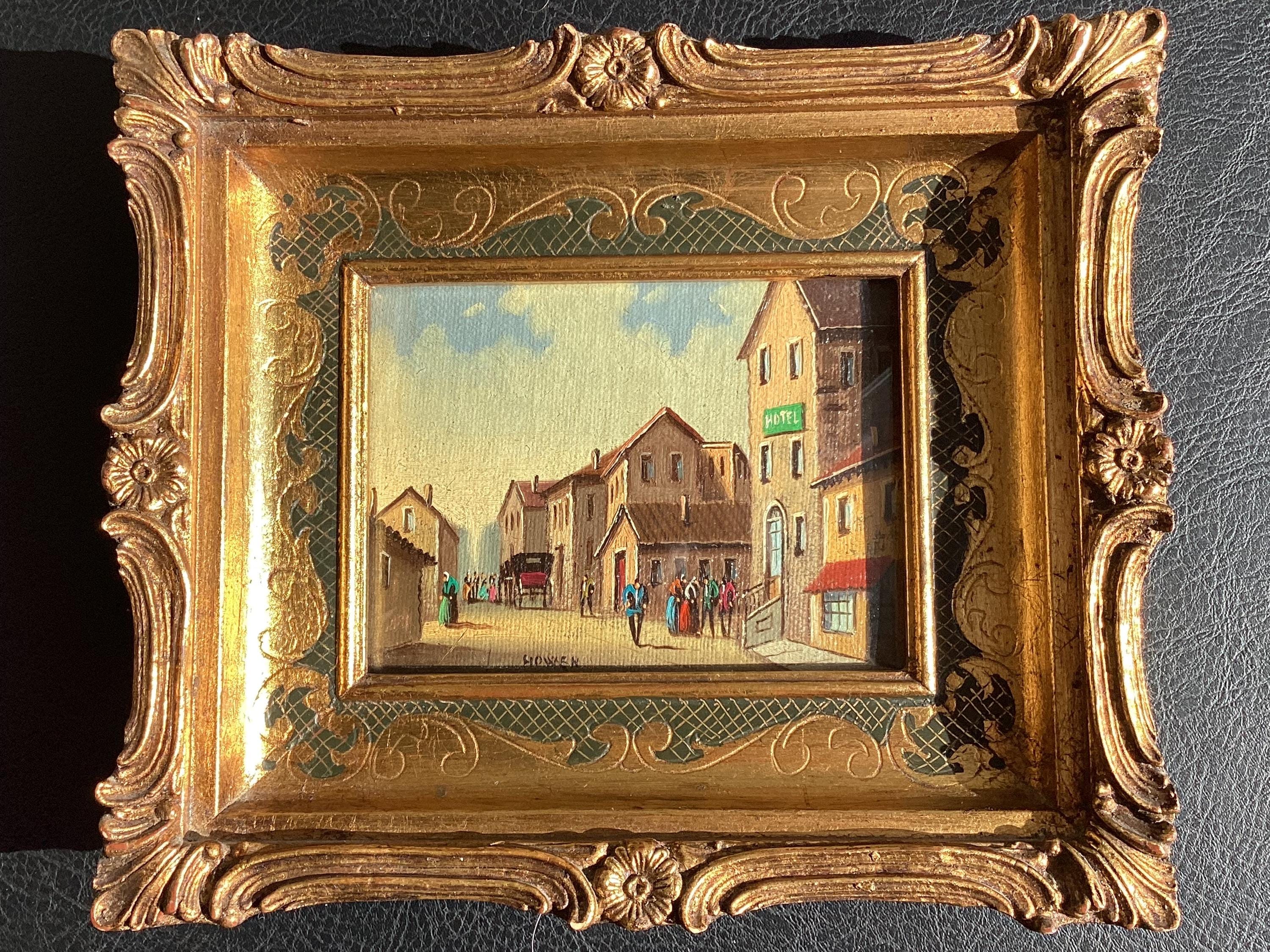 Vintage Painting Miniature Oil Street Scene 1800s Signed Howen Gold Frame — photo 5 of 11