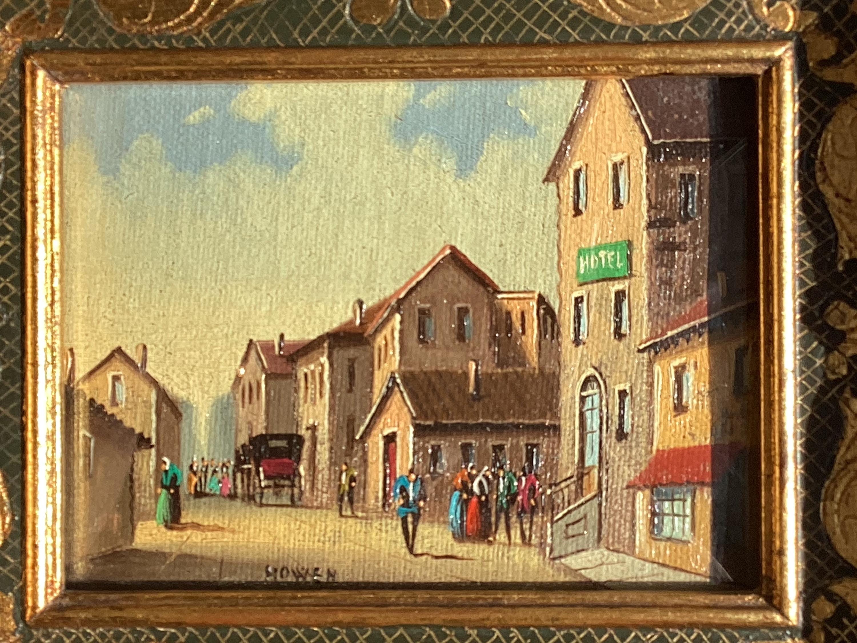 Vintage Painting Miniature Oil Street Scene 1800s Signed Howen Gold Frame — photo 6 of 11