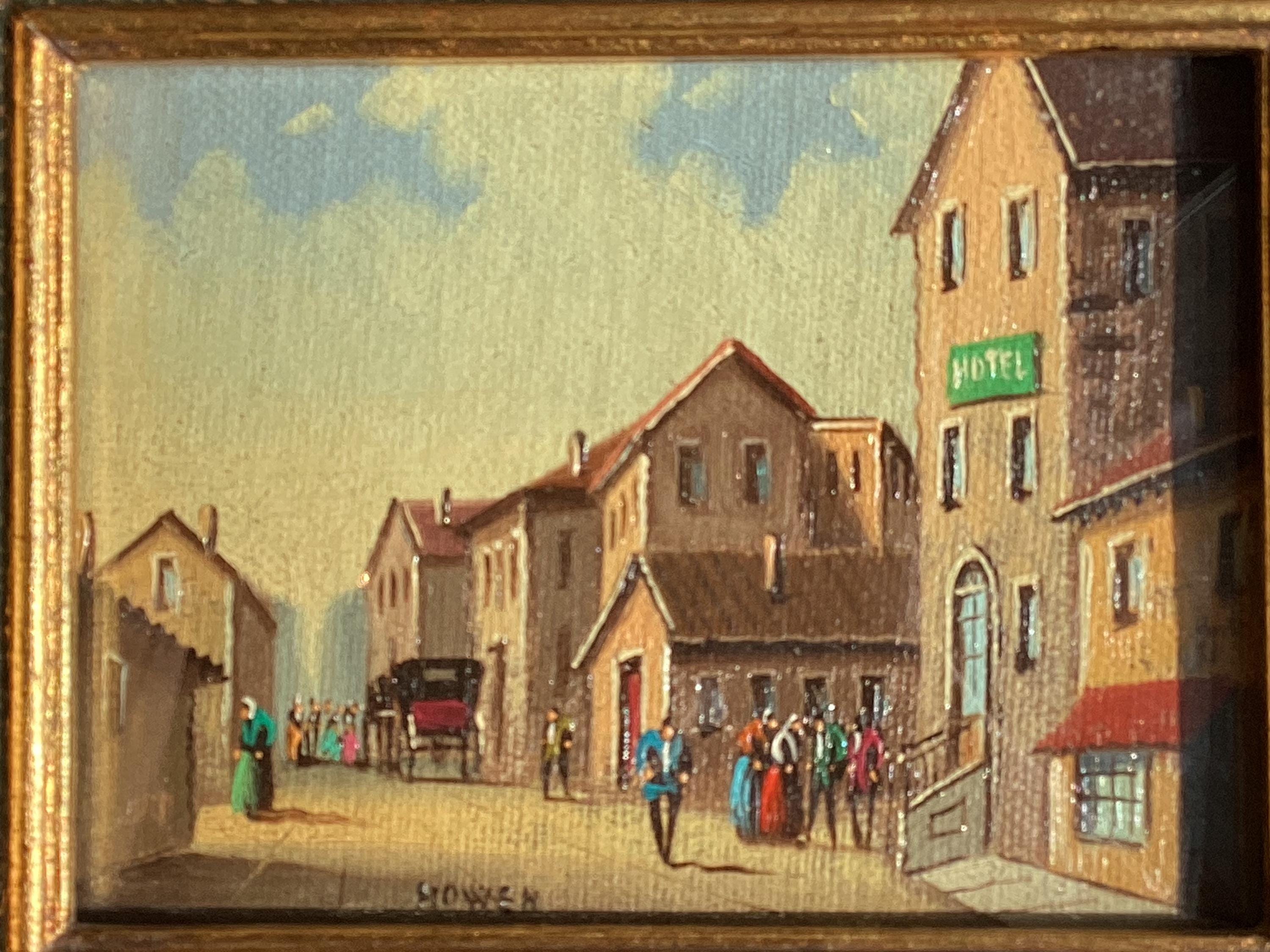 Vintage Painting Miniature Oil Street Scene 1800s Signed Howen Gold Frame — photo 7 of 11