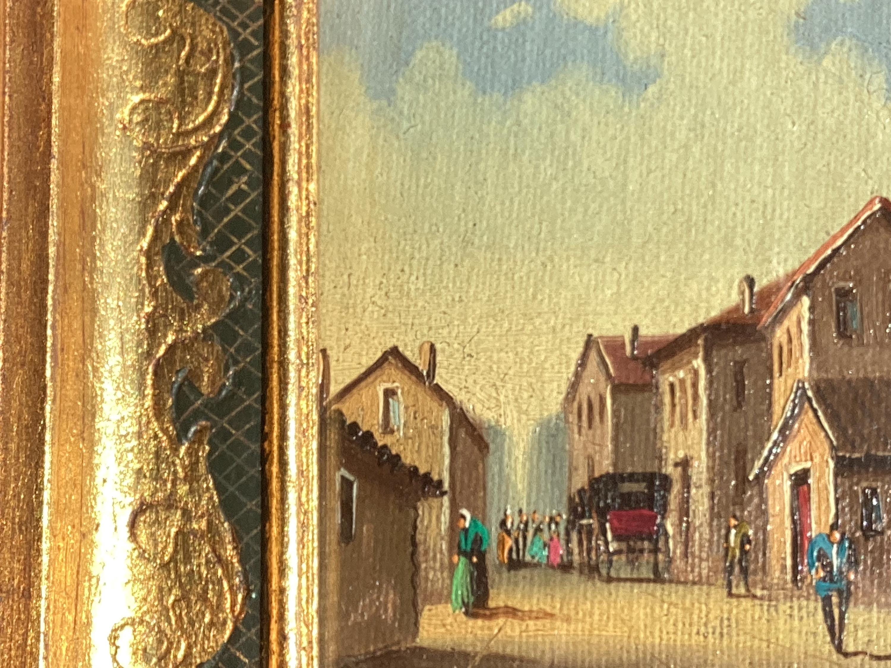 Vintage Painting Miniature Oil Street Scene 1800s Signed Howen Gold Frame — photo 8 of 11