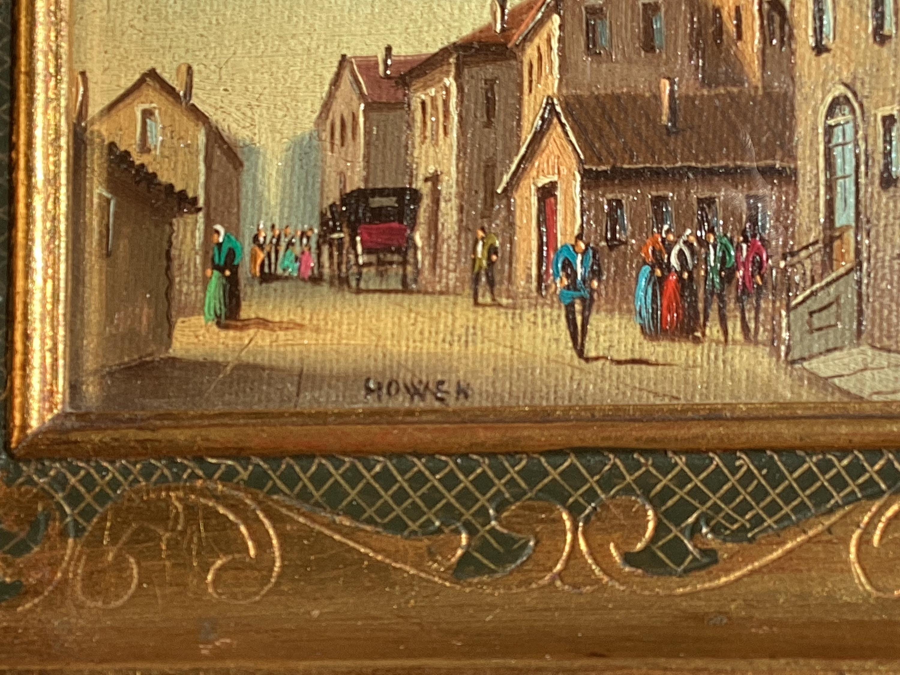 Vintage Painting Miniature Oil Street Scene 1800s Signed Howen Gold Frame — photo 9 of 11