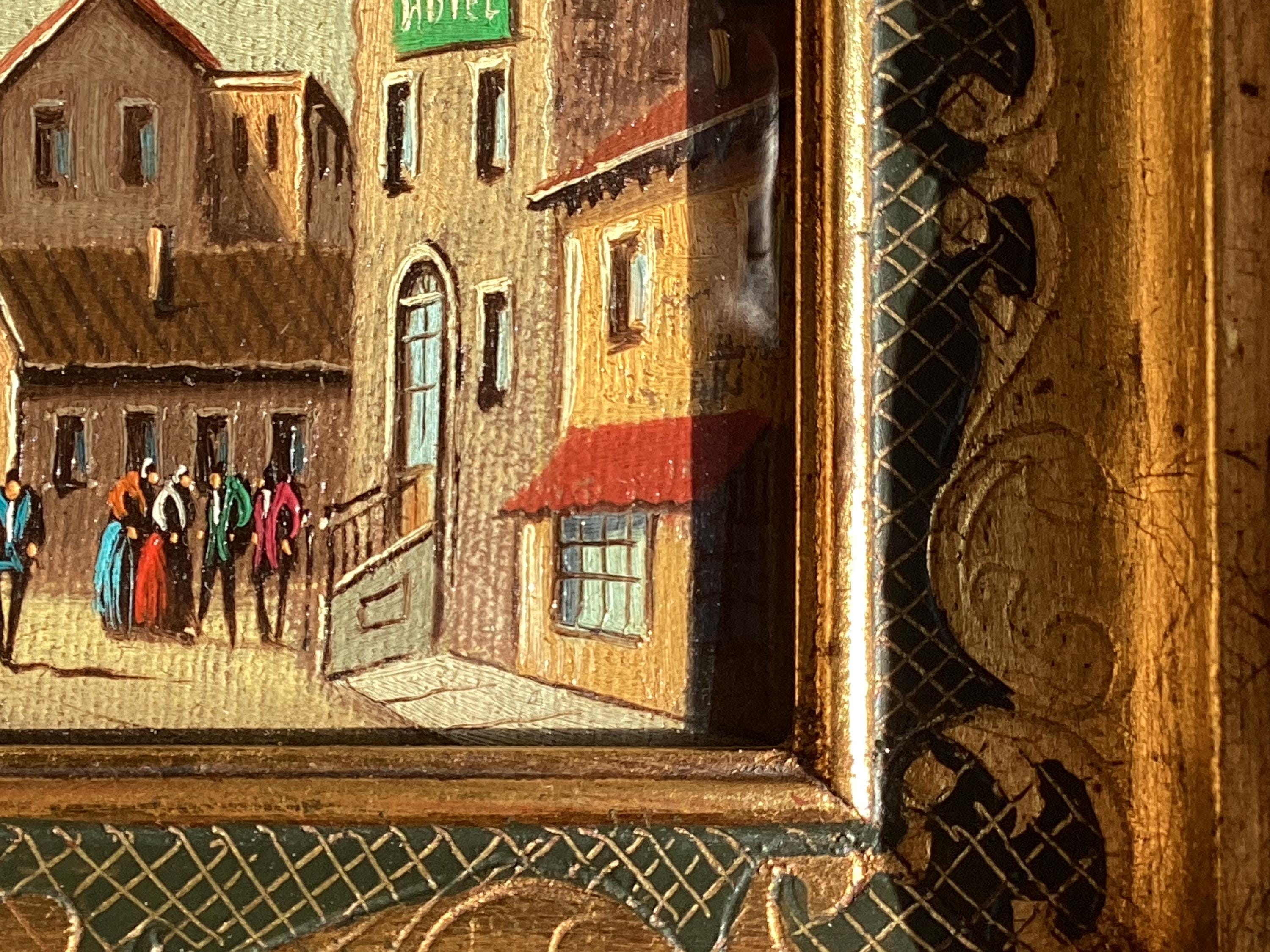 Vintage Painting Miniature Oil Street Scene 1800s Signed Howen Gold Frame — photo 10 of 11