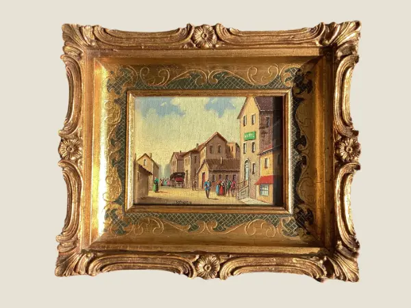 Vintage Painting Miniature Oil Street Scene 1800s Signed Howen Gold Frame