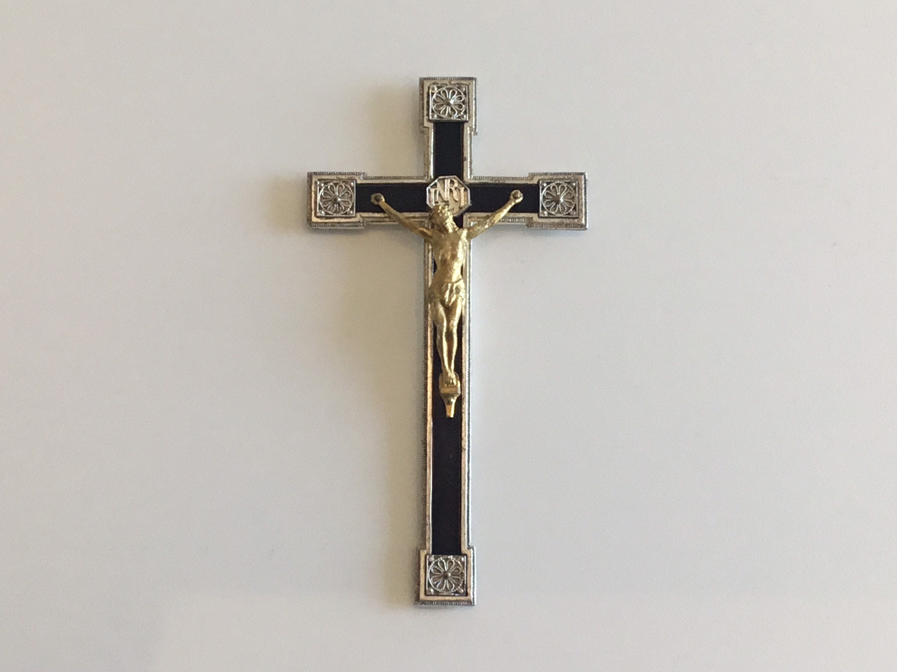 Vintage Crucifix | 1930s French Silver Plated Miniature, Black Enamel Cross with Golden Christ — photo 2 of 7