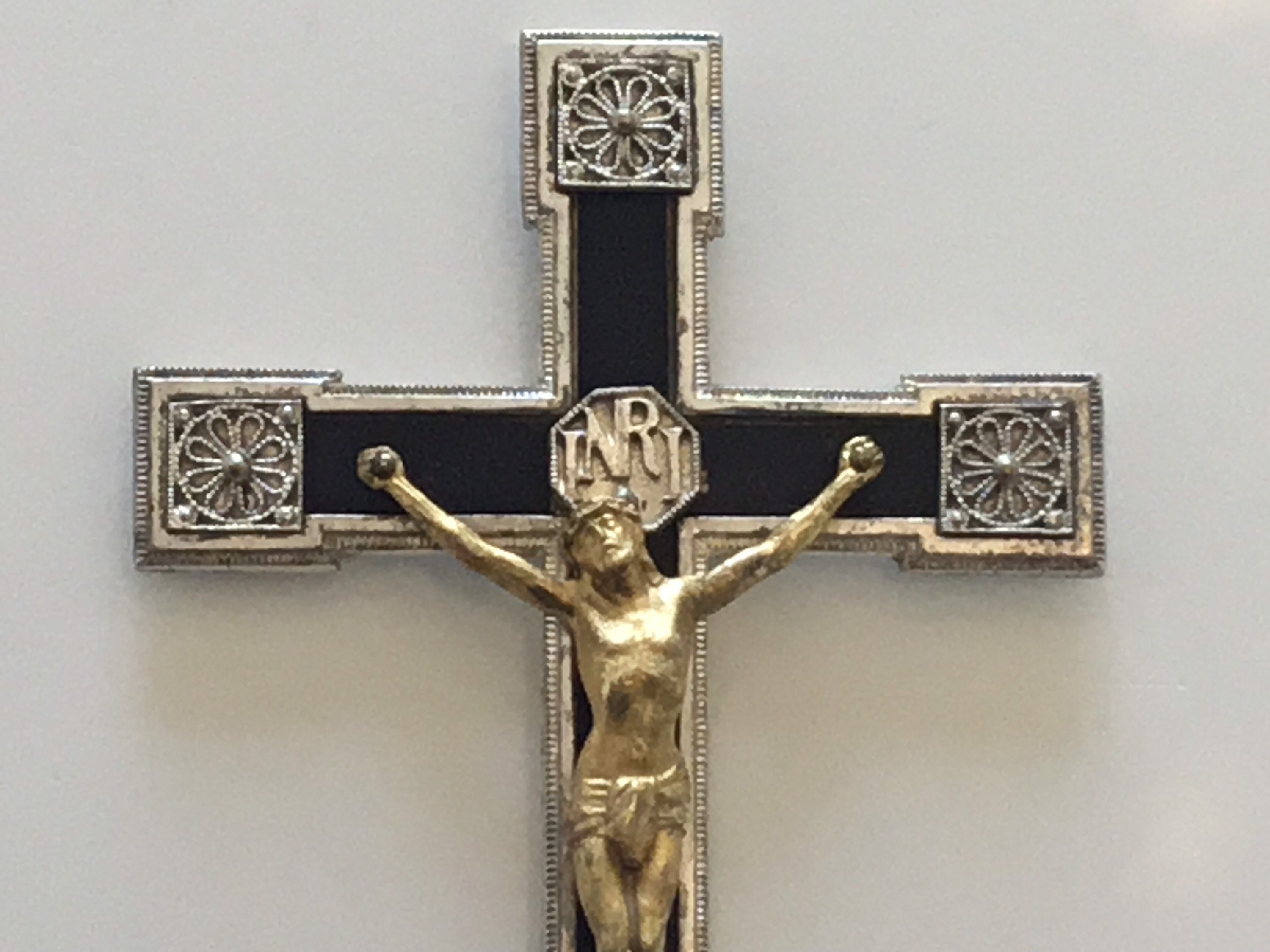 Vintage Crucifix | 1930s French Silver Plated Miniature, Black Enamel Cross with Golden Christ — photo 3 of 7
