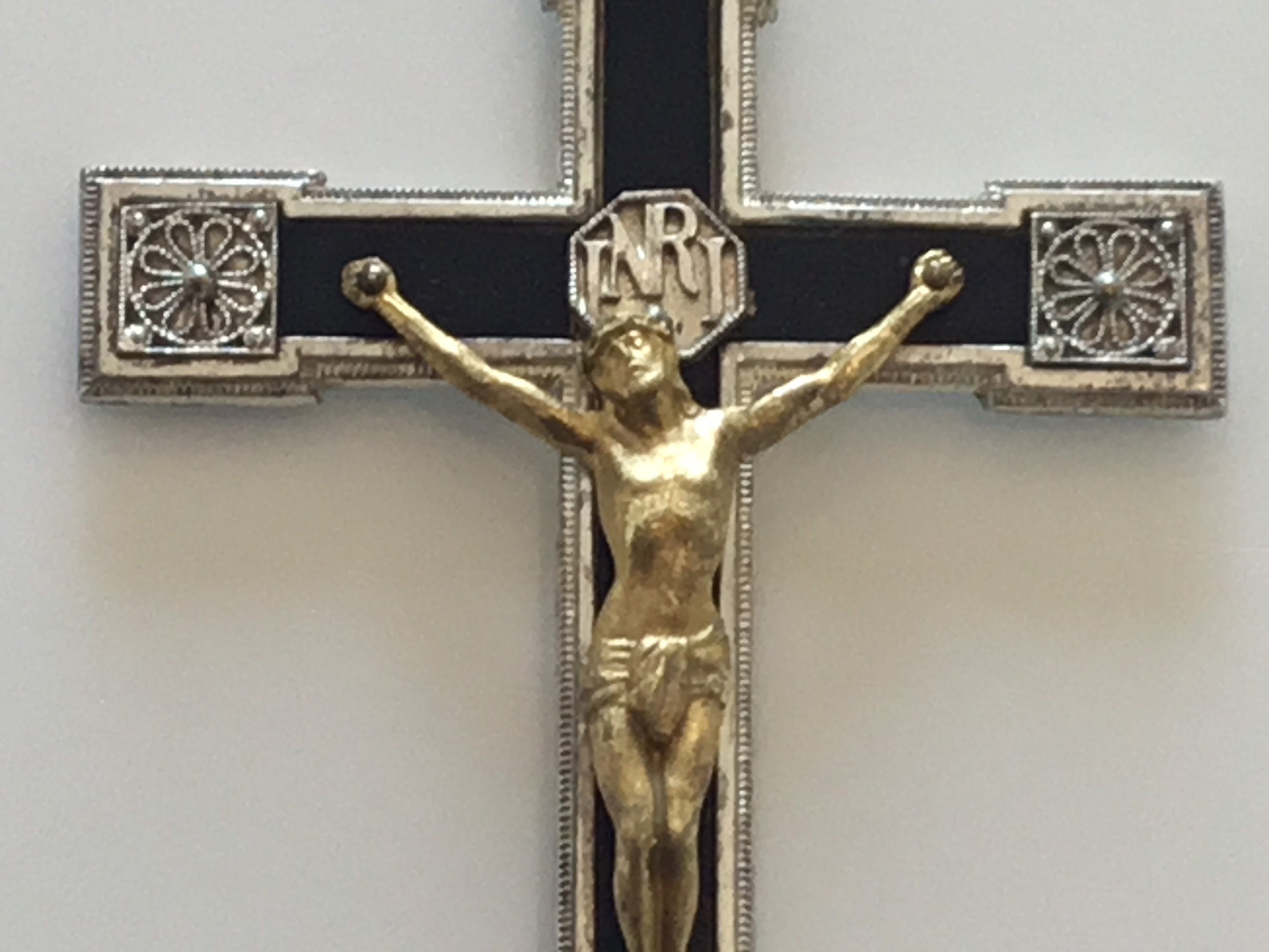 Vintage Crucifix | 1930s French Silver Plated Miniature, Black Enamel Cross with Golden Christ — photo 4 of 7