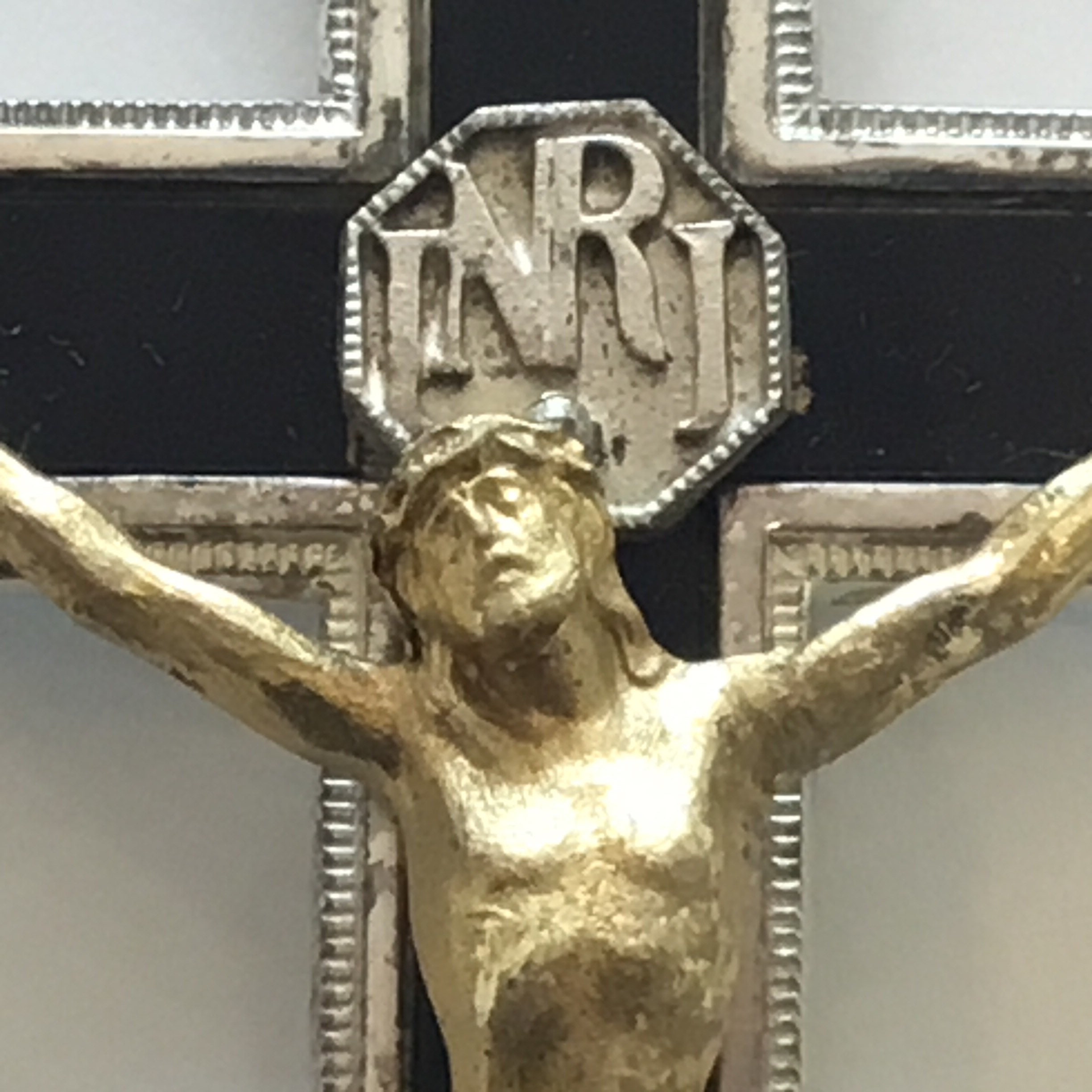 Vintage Crucifix | 1930s French Silver Plated Miniature, Black Enamel Cross with Golden Christ — photo 5 of 7