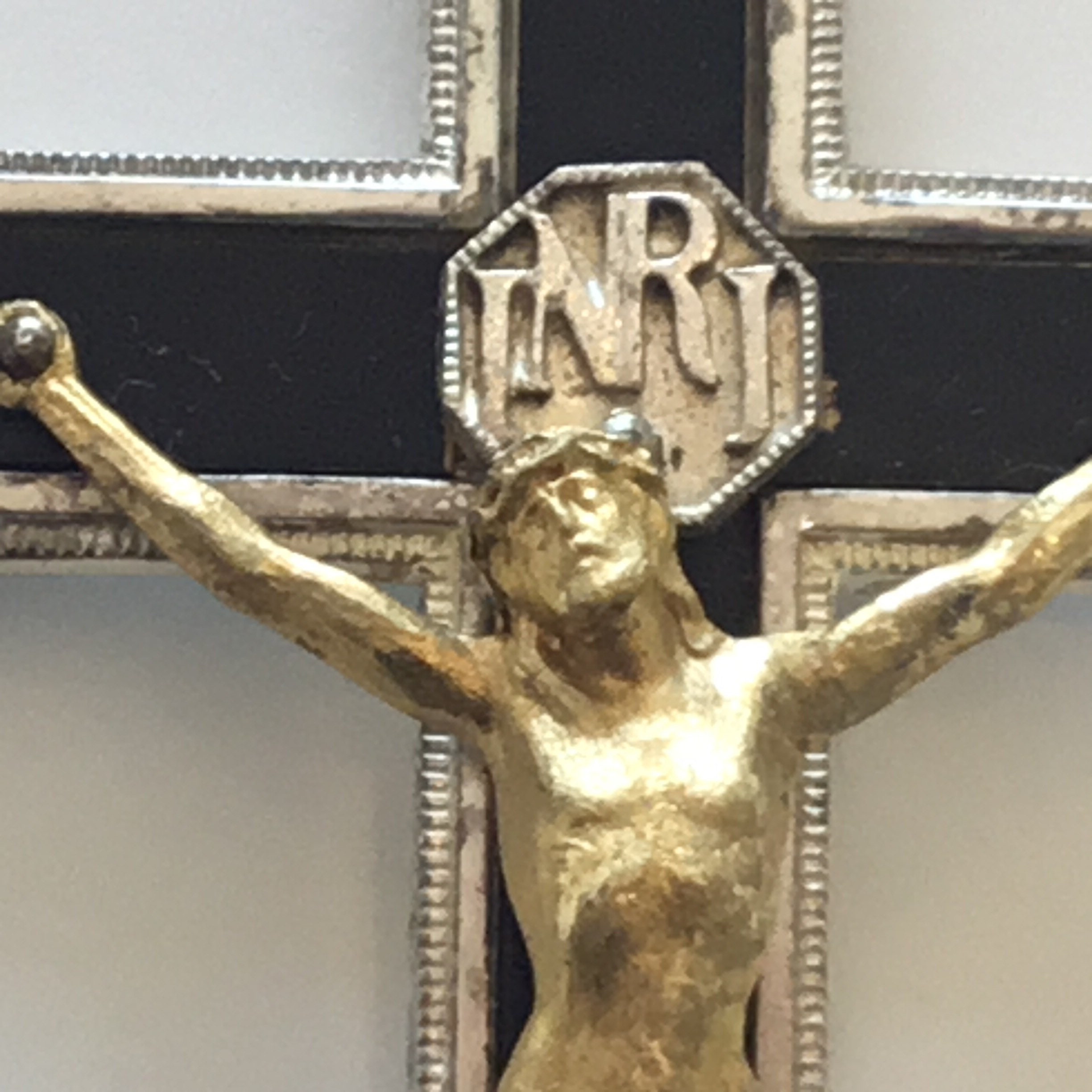 Vintage Crucifix | 1930s French Silver Plated Miniature, Black Enamel Cross with Golden Christ — photo 7 of 7