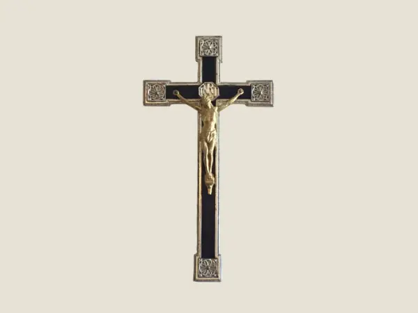 Vintage Crucifix | 1930s French Silver Plated Miniature, Black Enamel Cross with Golden Christ