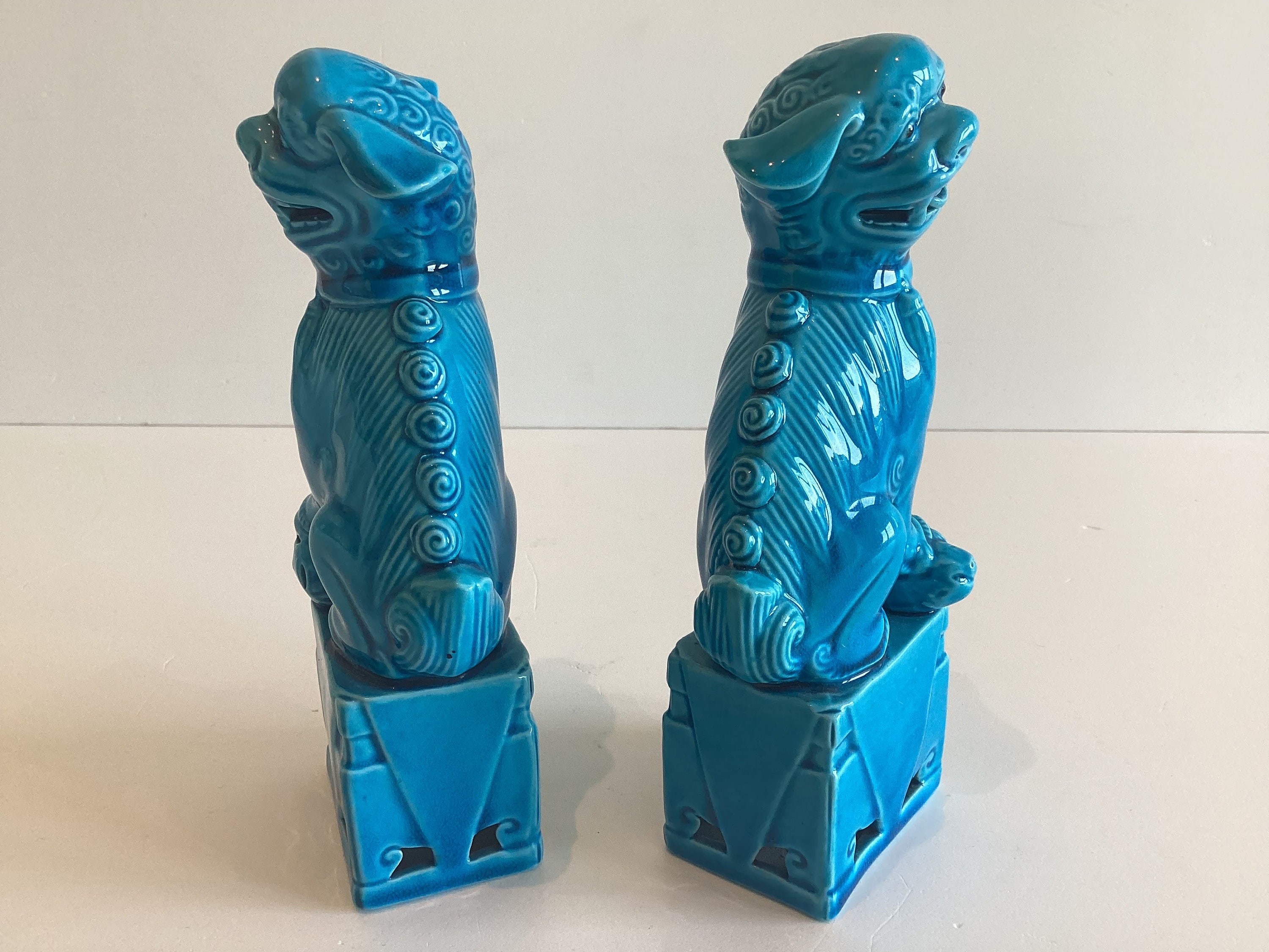 Vintage Porcelain | 1960s Chinese Foo Dogs Pair, Turquoise Glaze Feng Shui Deco — photo 7 of 10