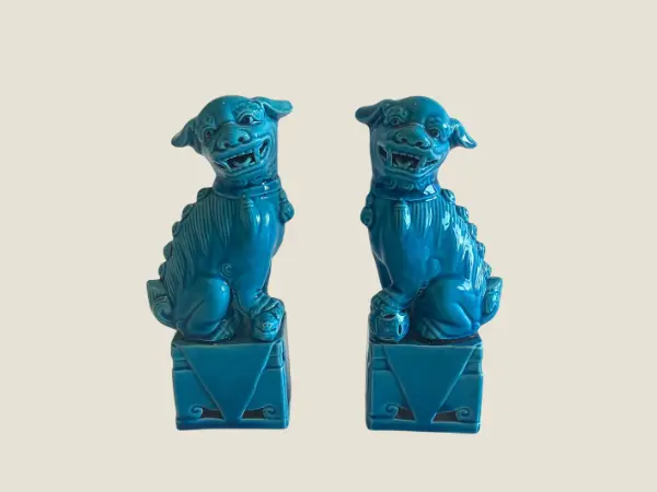 Vintage Porcelain | 1960s Chinese Foo Dogs Pair, Turquoise Glaze Feng Shui Deco