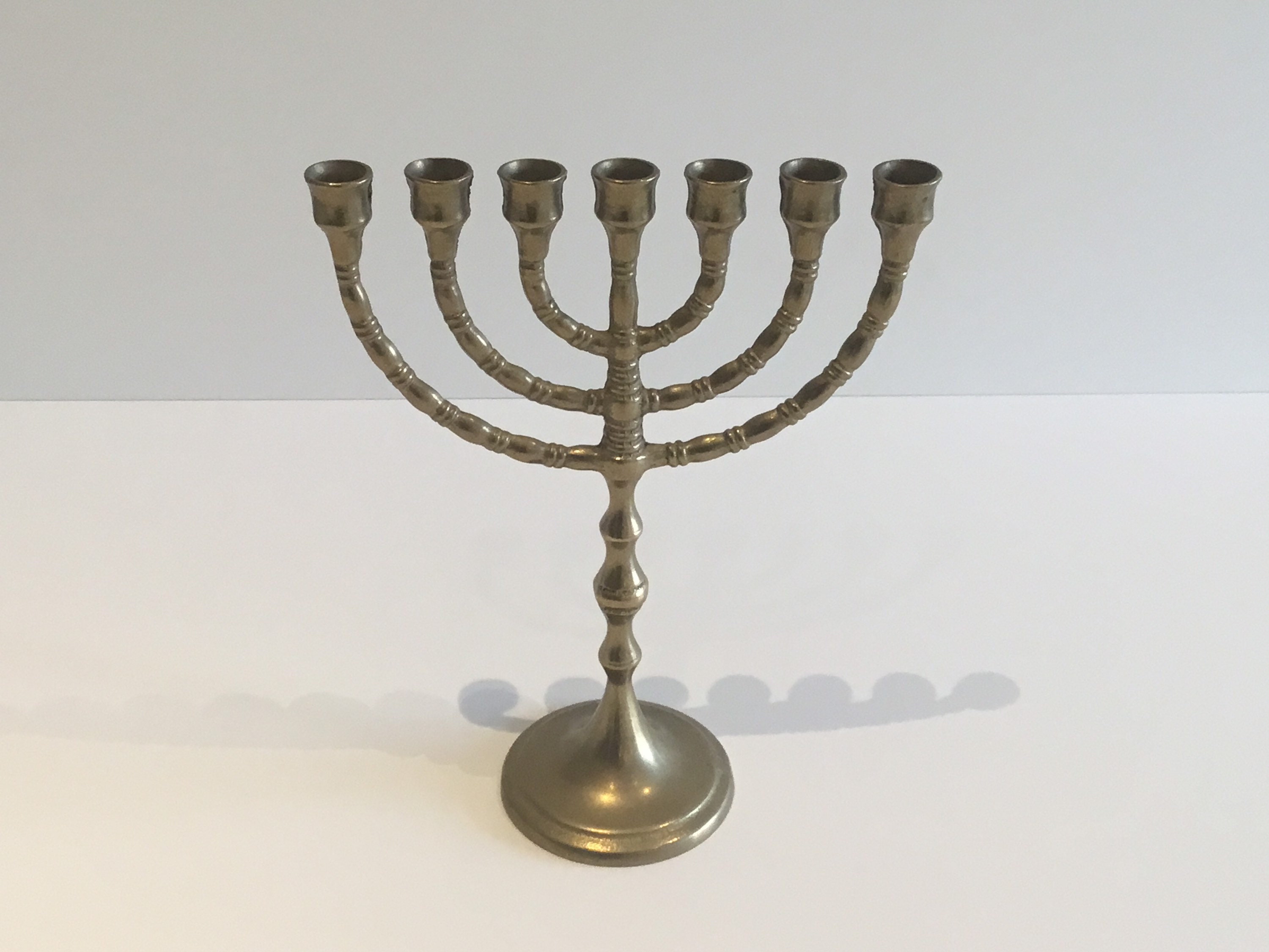 Vintage Menorah | 1960s Brass Candelabra Judaica, Seven Branch Israeli Candle Holder — photo 2 of 7