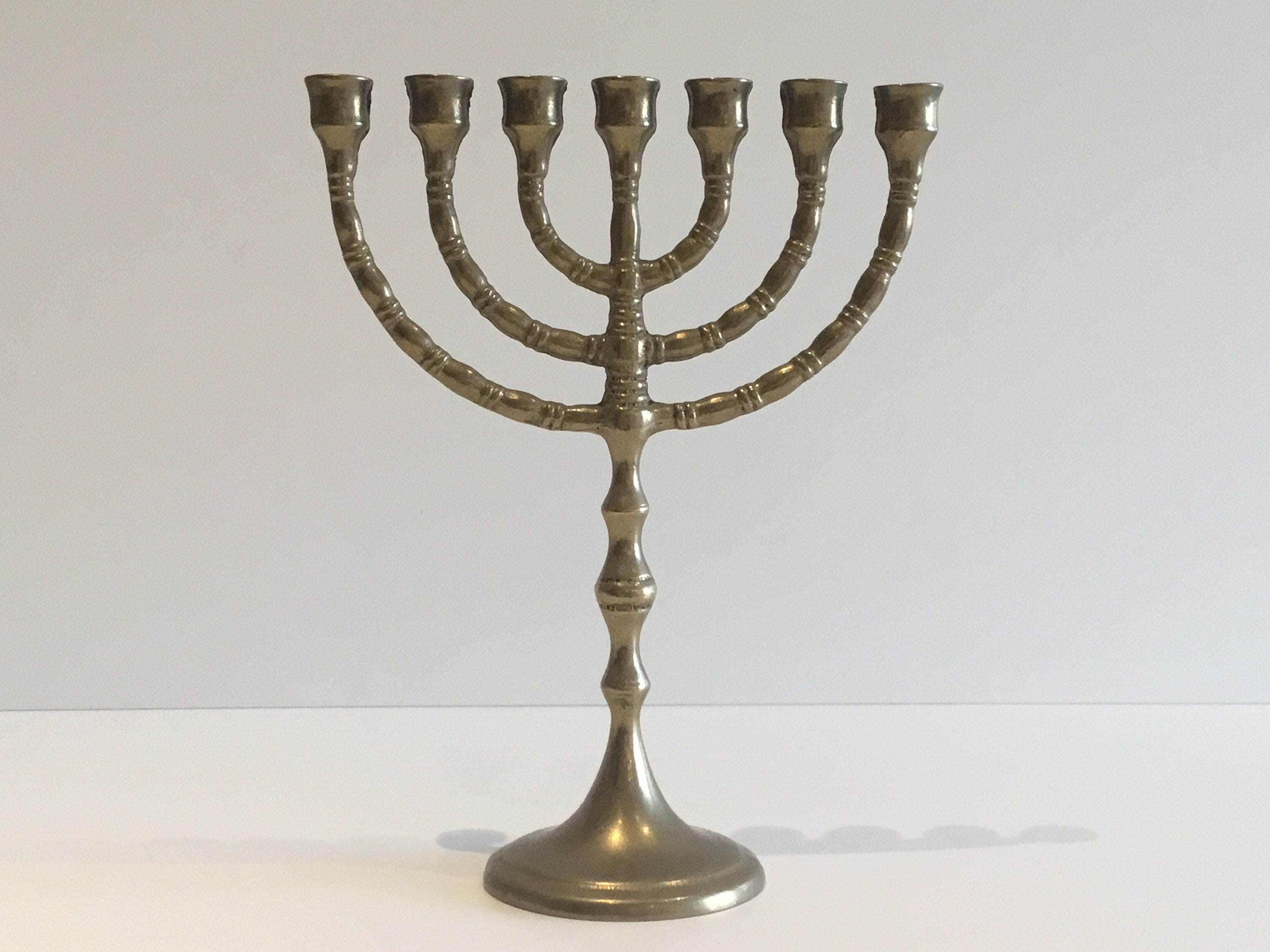 Vintage Menorah | 1960s Brass Candelabra Judaica, Seven Branch Israeli Candle Holder — photo 3 of 7