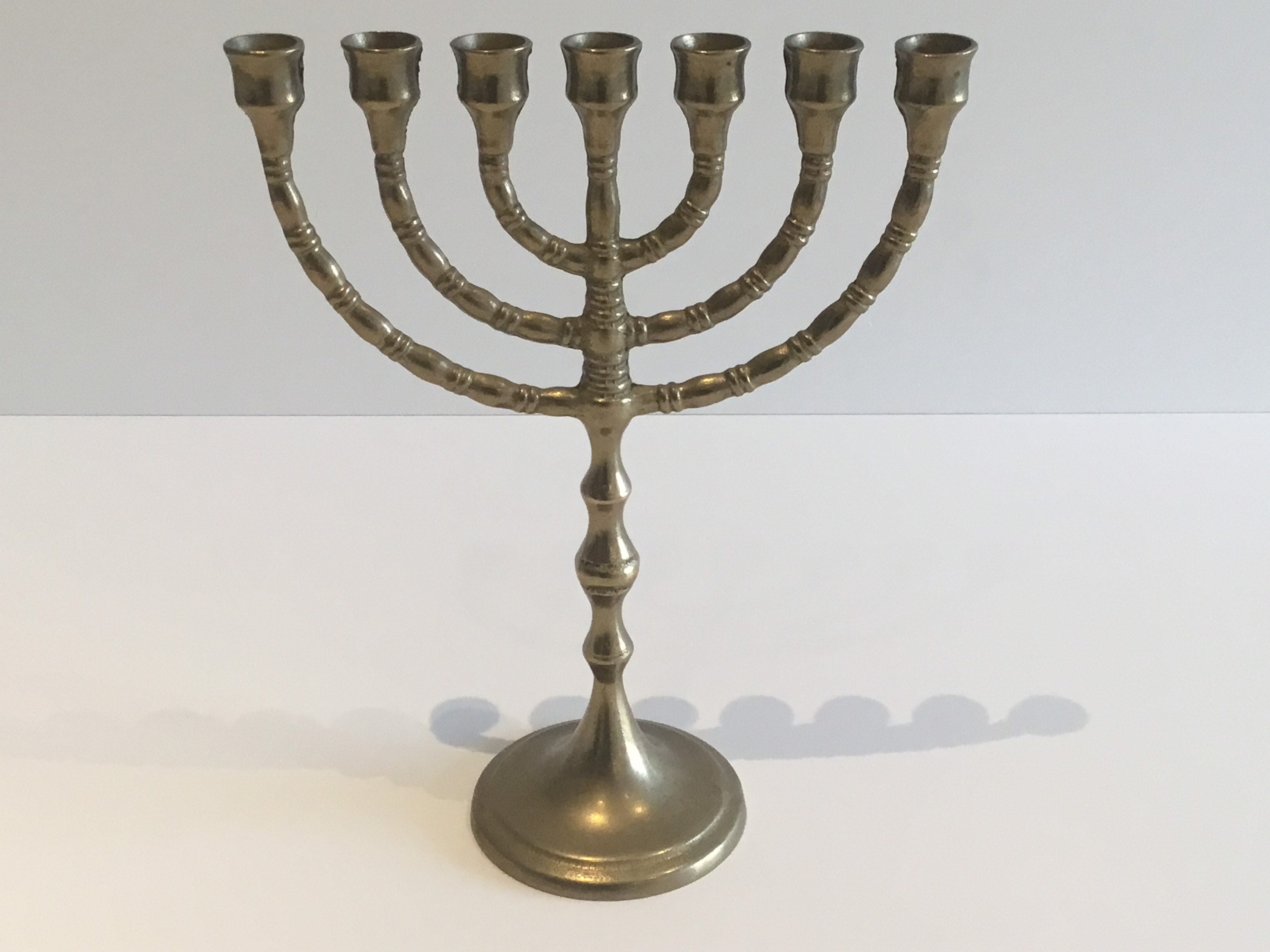 Vintage Menorah | 1960s Brass Candelabra Judaica, Seven Branch Israeli Candle Holder — photo 4 of 7
