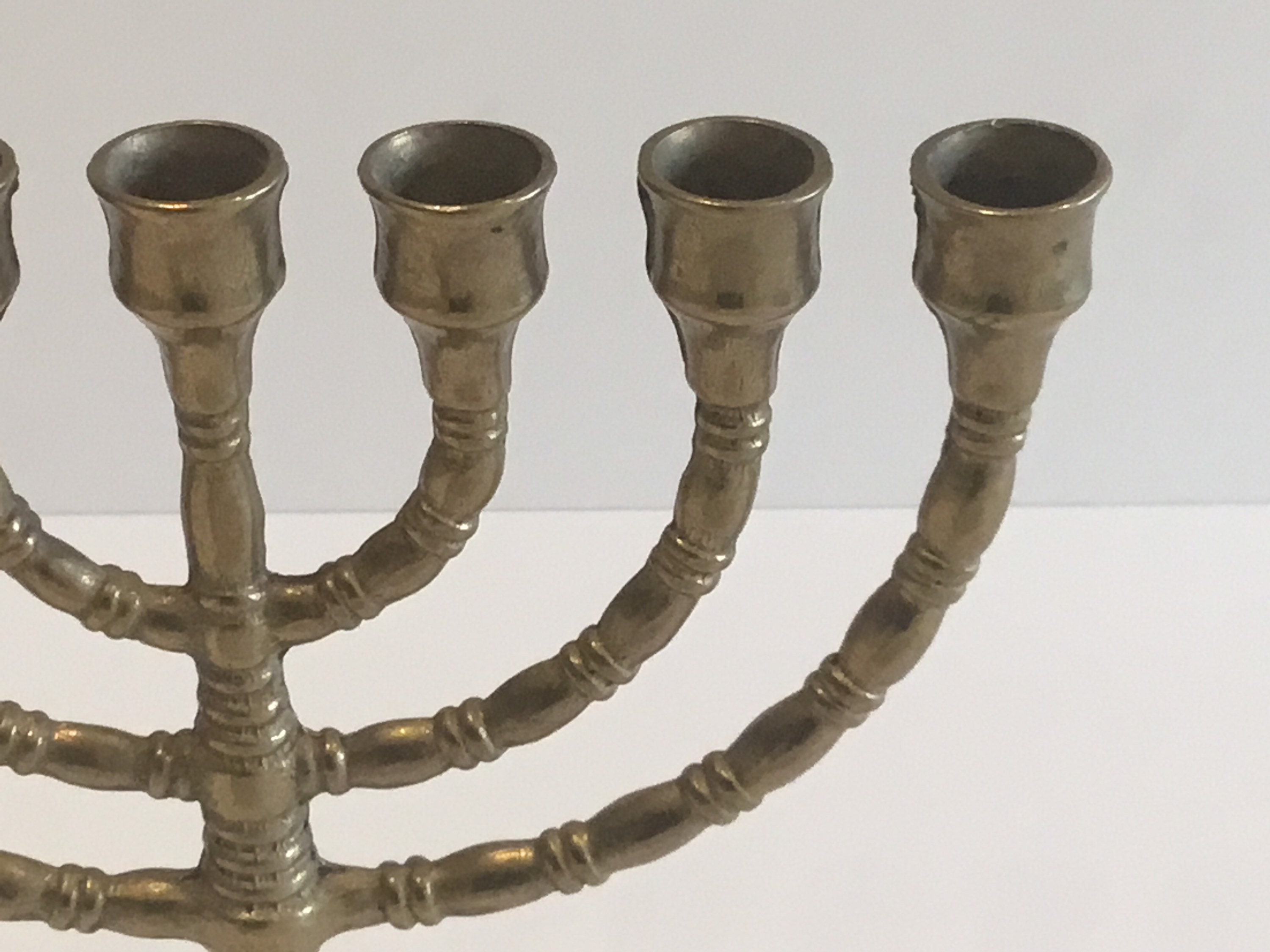 Vintage Menorah | 1960s Brass Candelabra Judaica, Seven Branch Israeli Candle Holder — photo 5 of 7