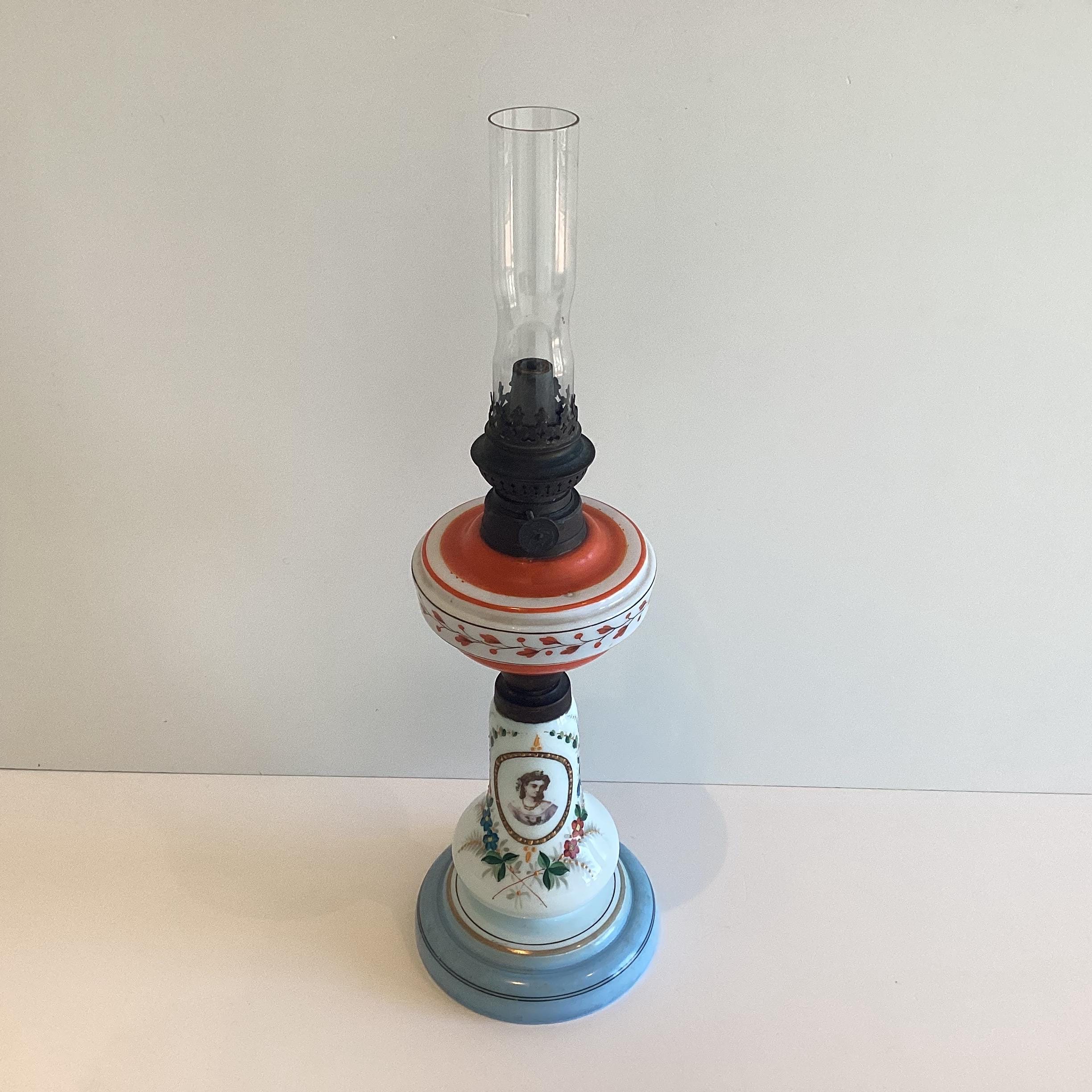 Antique Oil Lamp | 1880s Germany Kosmos Brenner, Hand-Painted Opaline Glass & Patinated Metal — photo 2 of 8