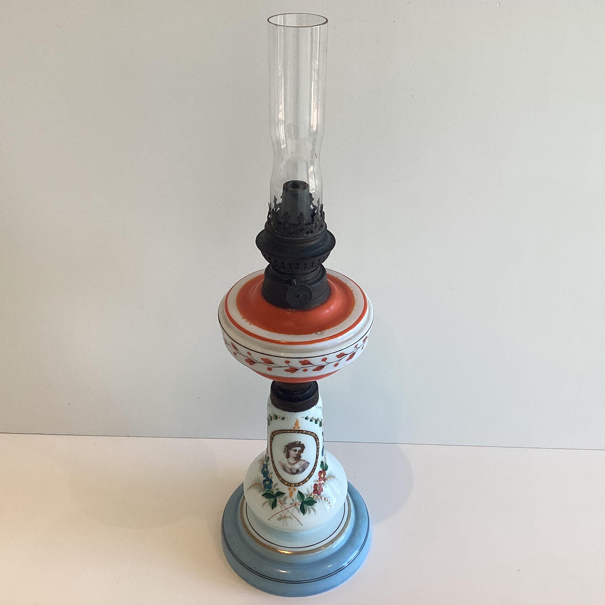 Antique Oil Lamp | 1880s Germany Kosmos Brenner, Hand-Painted Opaline Glass & Patinated Metal — photo 3 of 8