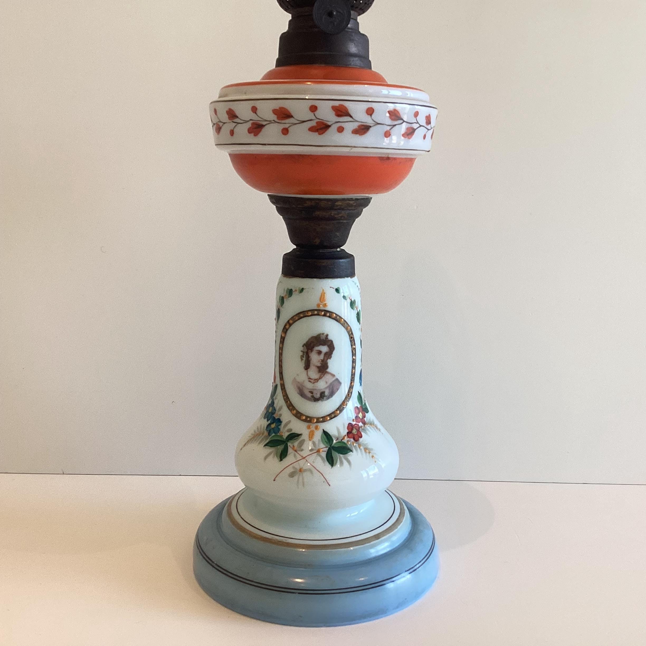 Antique Oil Lamp | 1880s Germany Kosmos Brenner, Hand-Painted Opaline Glass & Patinated Metal — photo 4 of 8