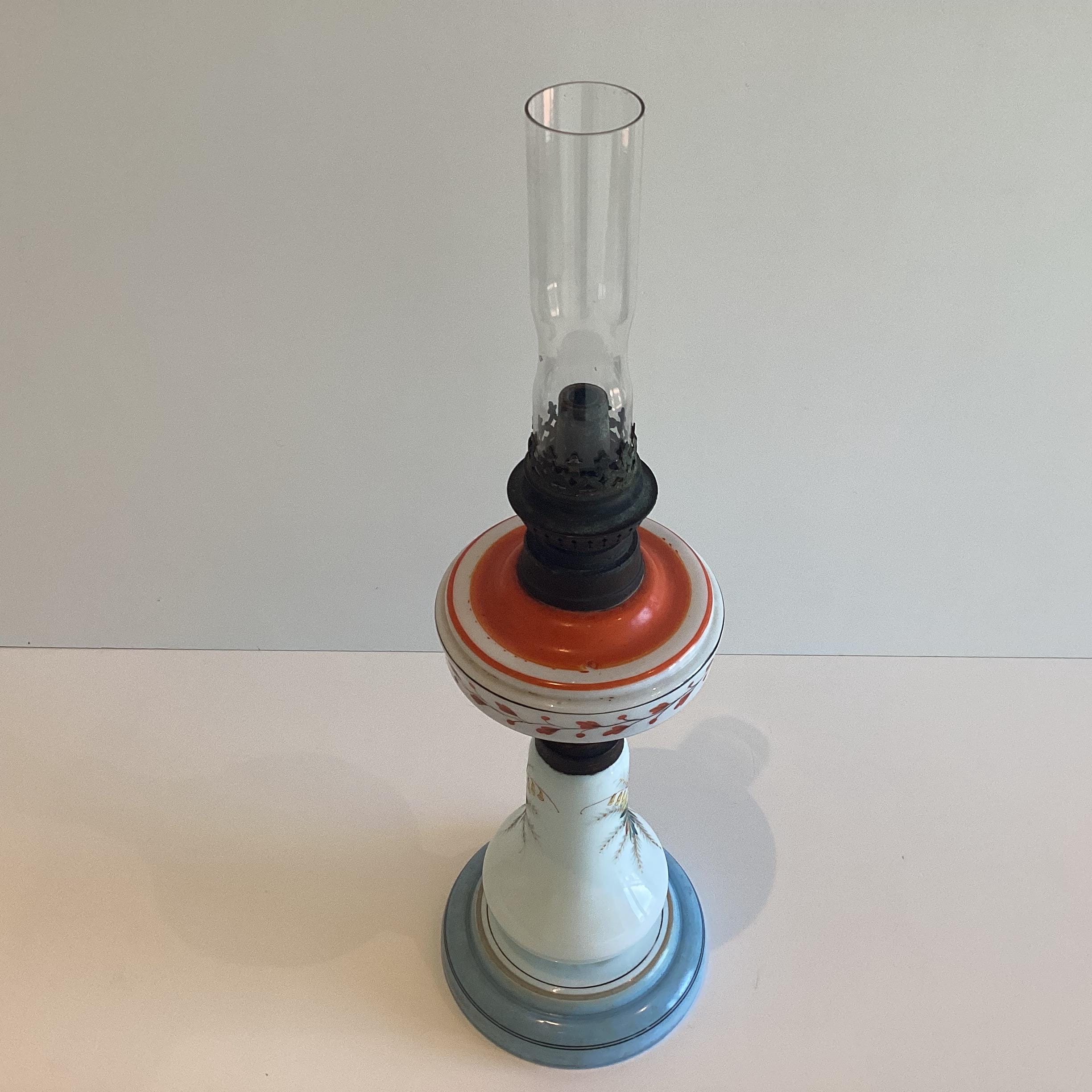 Antique Oil Lamp | 1880s Germany Kosmos Brenner, Hand-Painted Opaline Glass & Patinated Metal — photo 5 of 8
