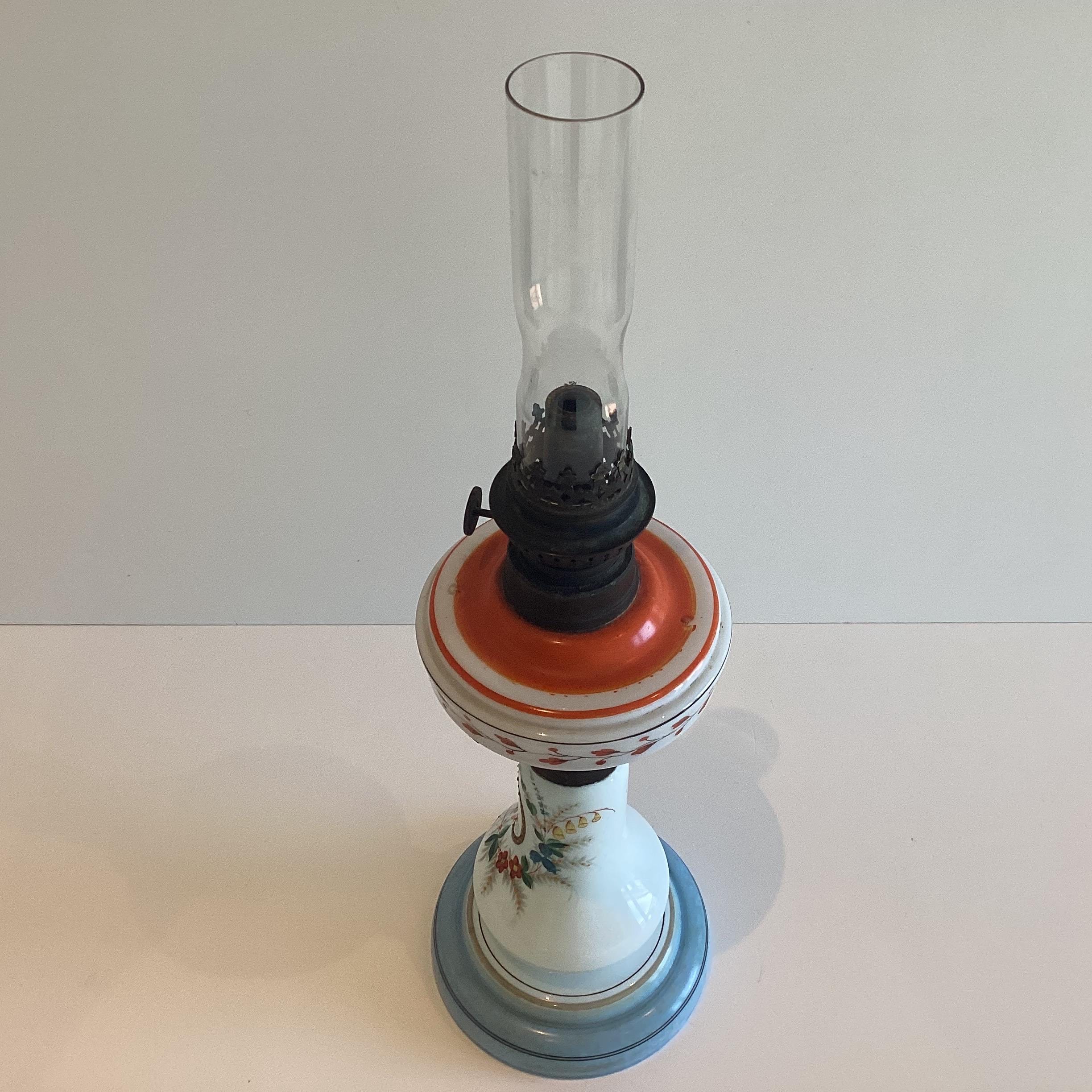 Antique Oil Lamp | 1880s Germany Kosmos Brenner, Hand-Painted Opaline Glass & Patinated Metal — photo 6 of 8