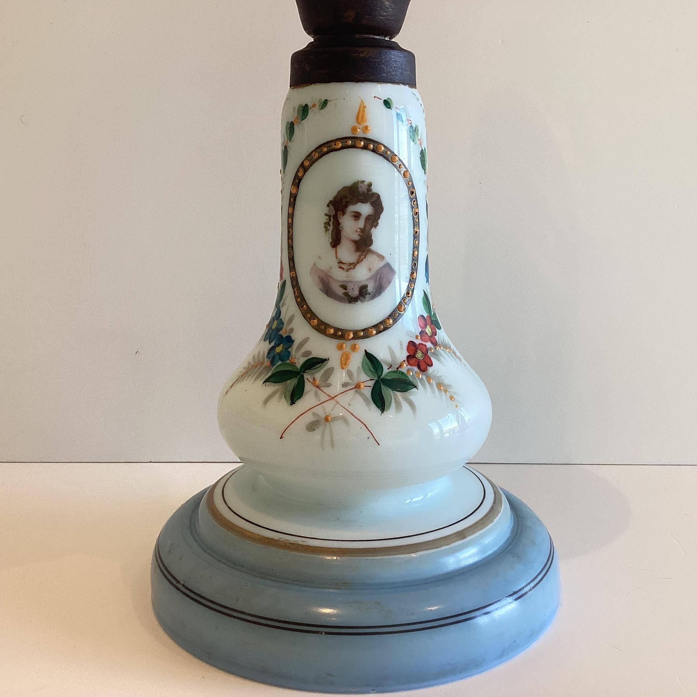 Antique Oil Lamp | 1880s Germany Kosmos Brenner, Hand-Painted Opaline Glass & Patinated Metal — photo 7 of 8