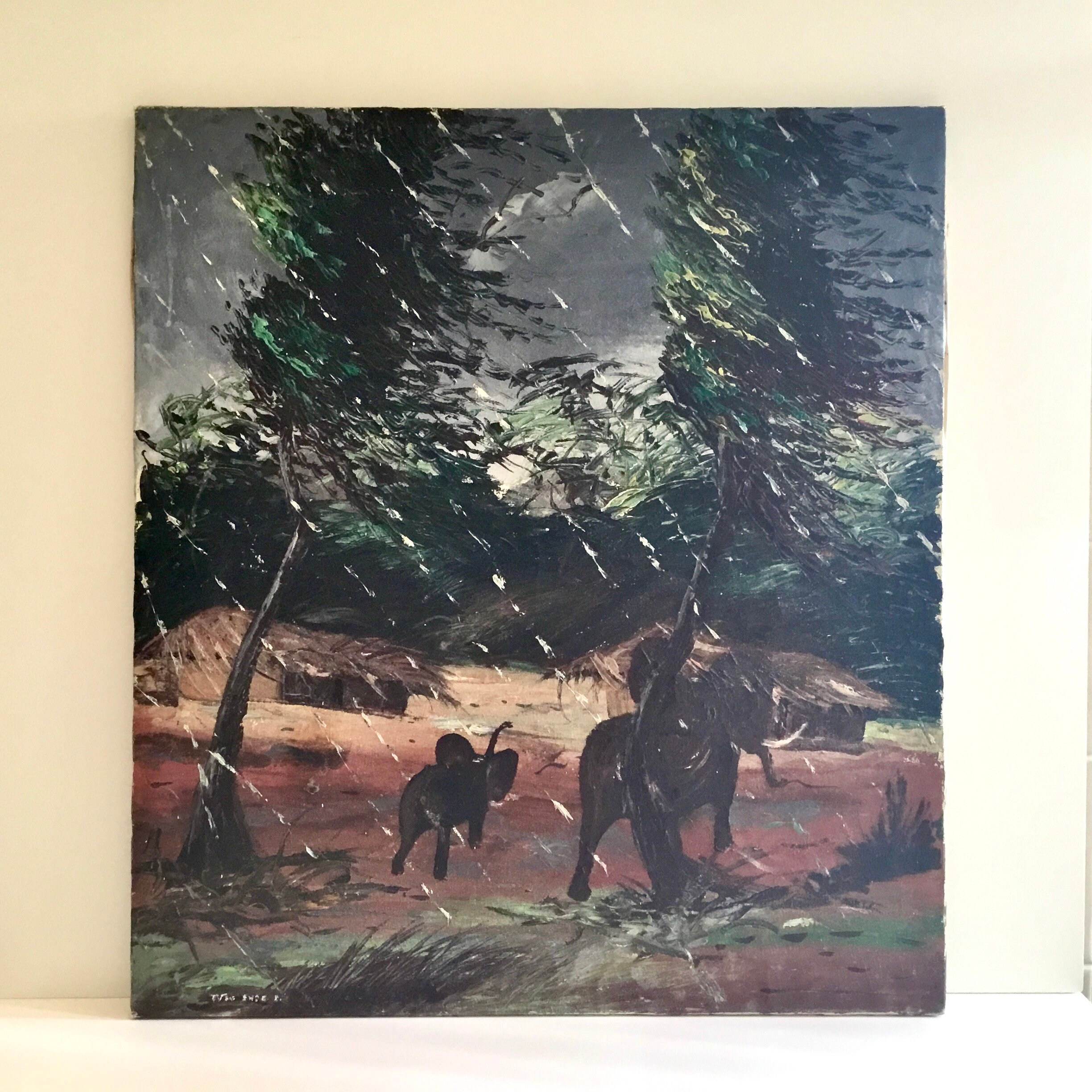 Oil Painting On Canvas With Elephants (1950s) Signed Ende — photo 2 of 7
