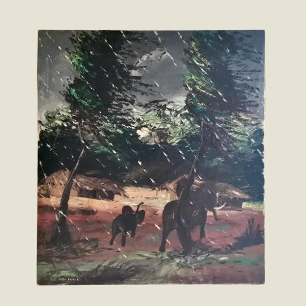 Oil Painting On Canvas With Elephants (1950s) Signed Ende